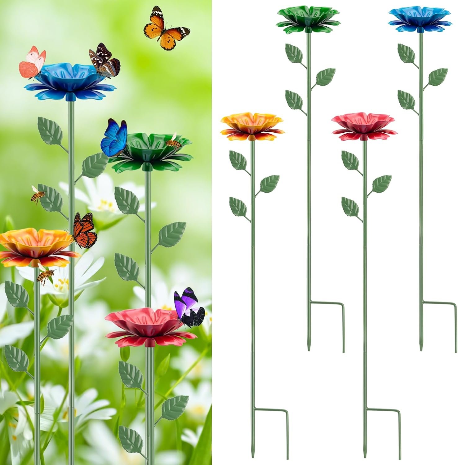 4 Pack Bee Watering Station, Bee Feeder Metal Butterfly Water Feeder | with Flower Design Colorful Butterfly Bee Bath Bowl for Outdoor Yard Garden Decor