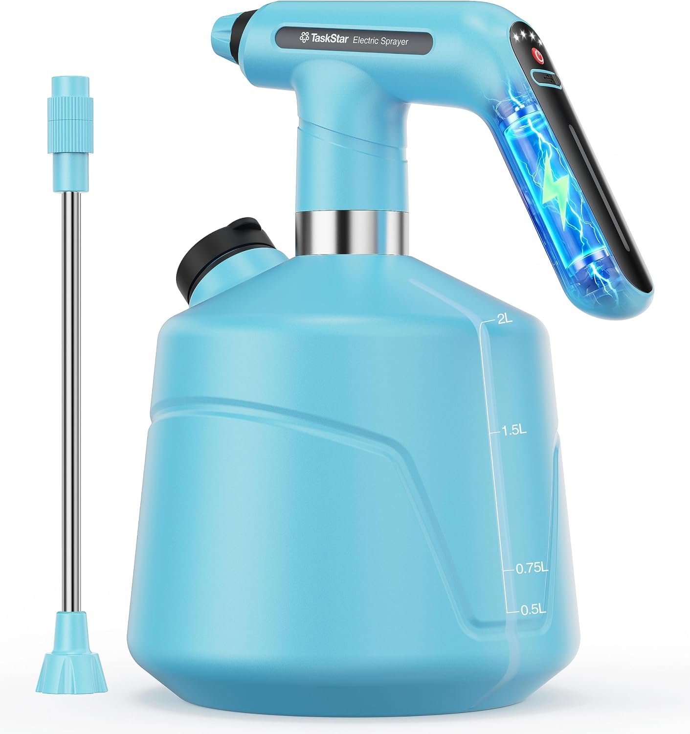 TaskStar Electric Spray Bottle 2L/0.5 Gallon, Battery Powered Garden Sprayer Up to 7.5 Hours Long Battery Life with Fast Charging, Automatic Mister Spray Bottle for Plant with Independent Water Inlet