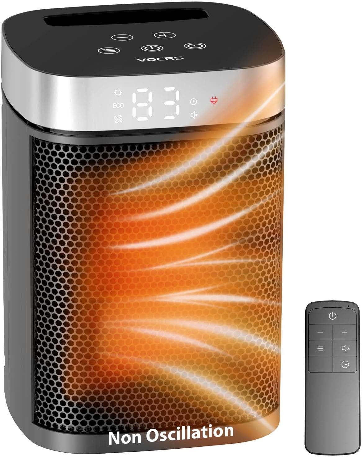 Small Portable Space Heater for Indoor Use – VOCRS 1500W PTC Electric Heater with Thermostat, Remote Control, 12H Timer, Eco and Fan Mode, Rapid and Safe Heating for Bedroom, Office