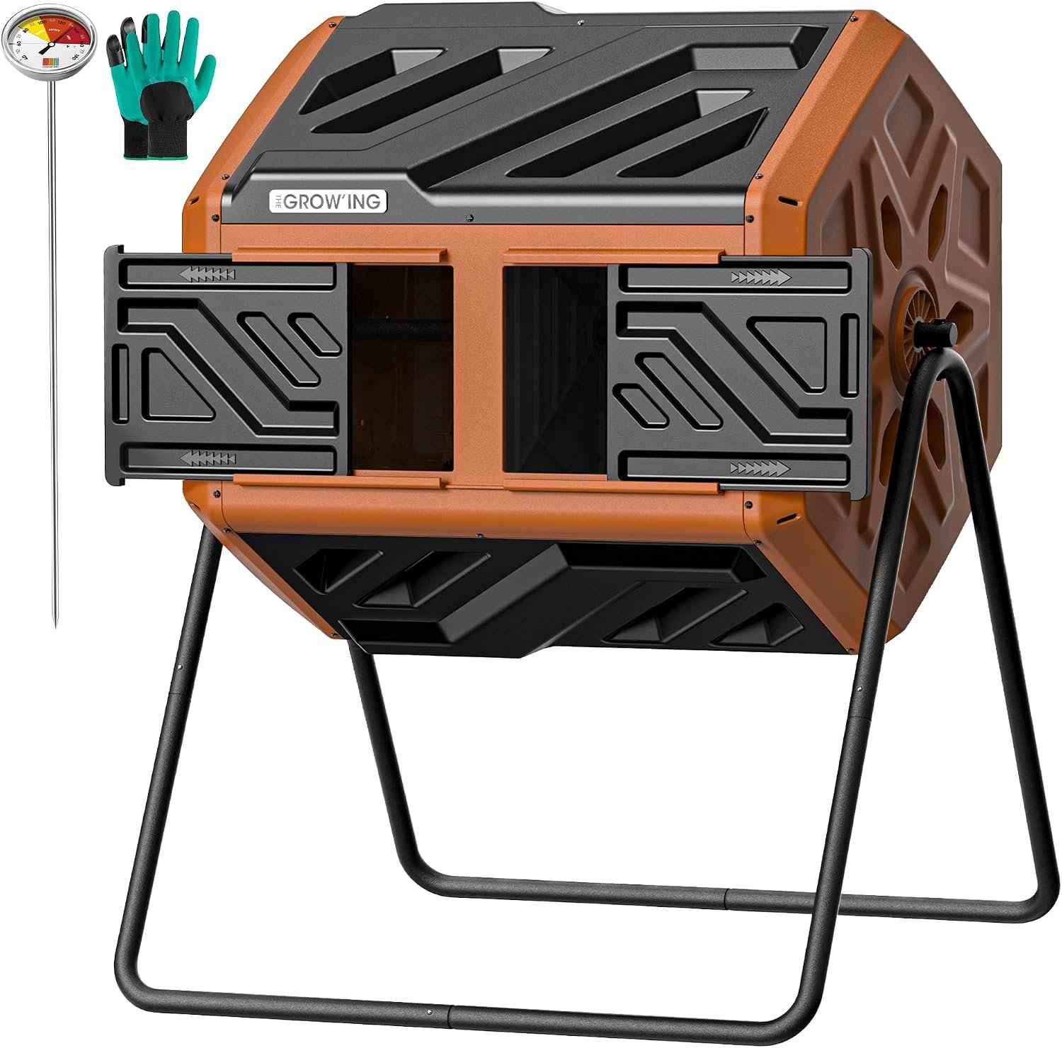 THE Growing 43 Gal Outdoor Compost Bin Tumbler with Thermometer, Orange | Dual 21.5gal chambers for backyard recycling. Pre-embedded nuts for quick assembly. Resin panels deter pests and odors.