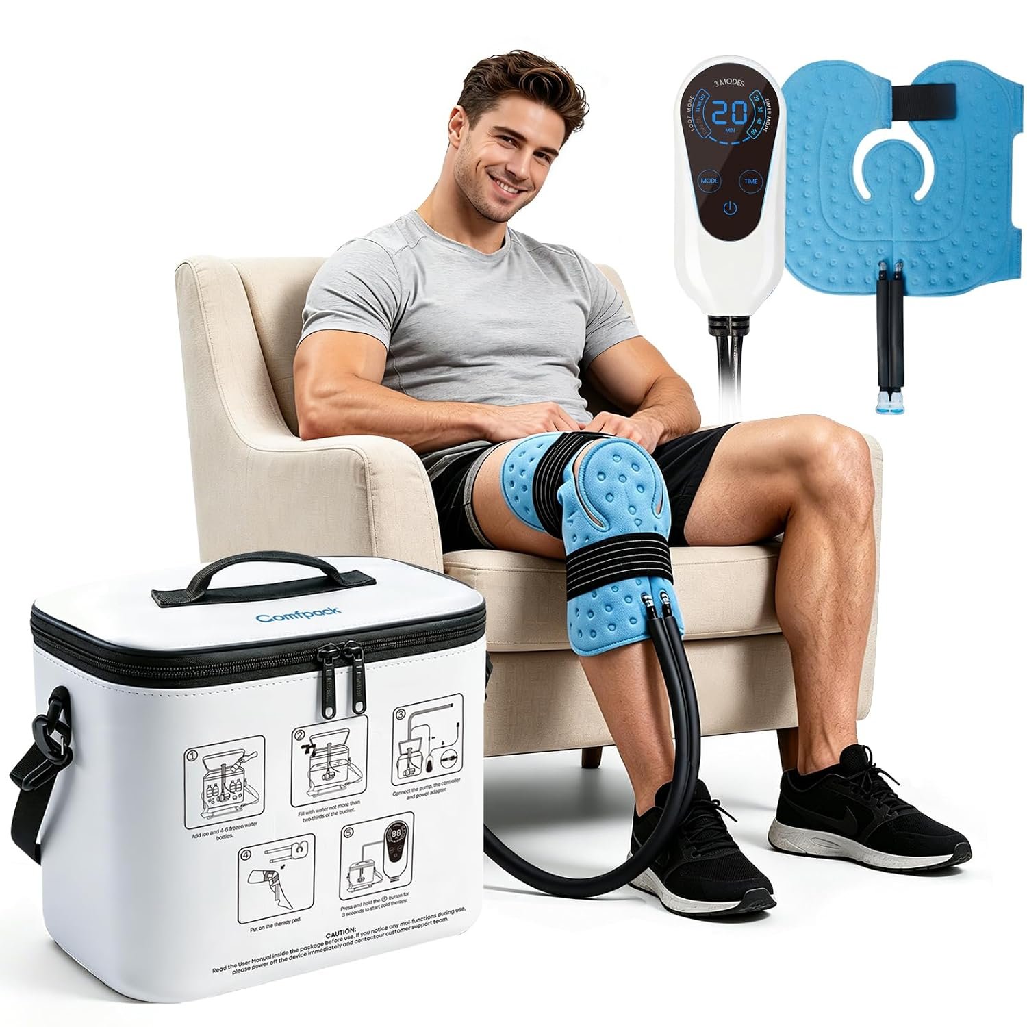 Comfpack Cold Therapy Machine for Knee, 14H Portable Ice Machine for Knee After Surgery with Programmable Timer and Quiet Pump, FSA Eligible HSA, Cold Water Circulation System for Knee Replacement, Rotator Cuff, Shoulder & Hip Surgery Recovery