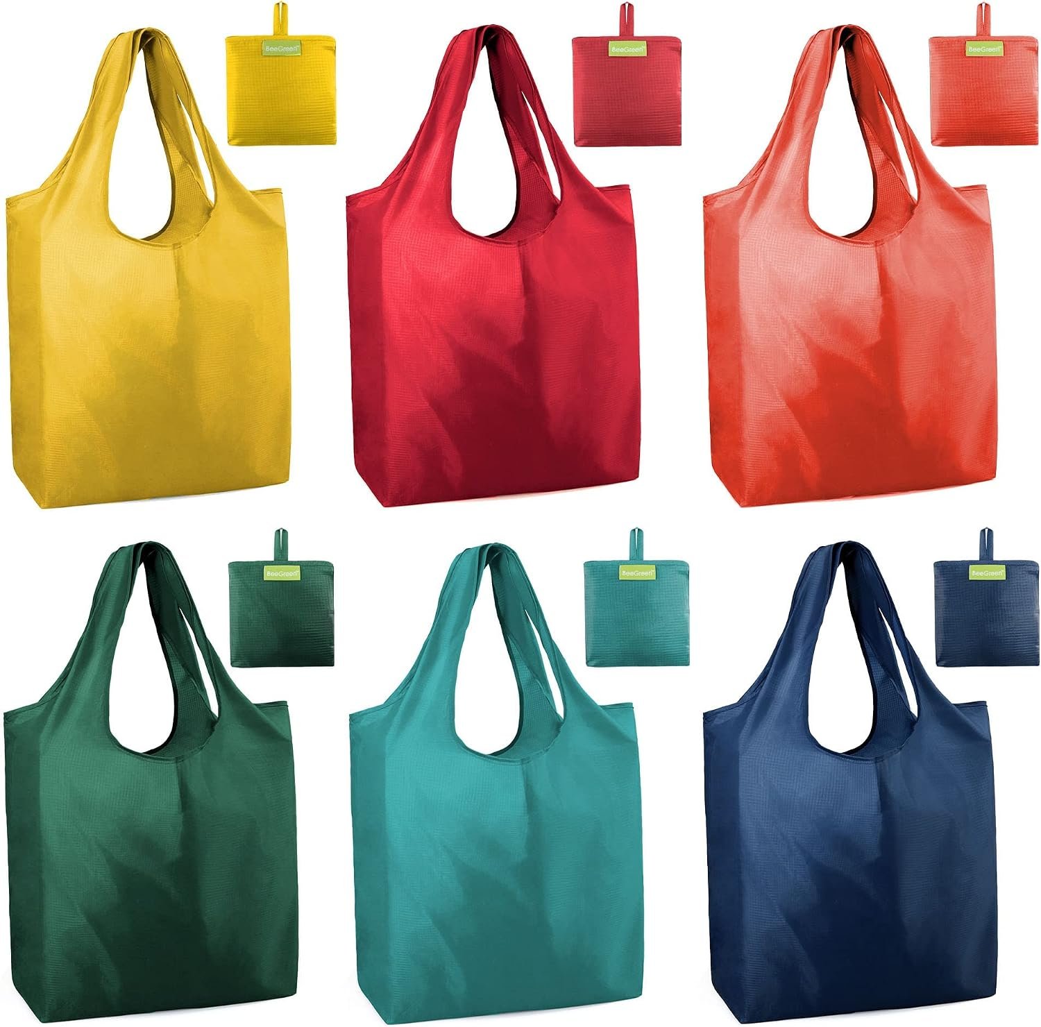 BeeGreen Foldable Travel Bag Reusable Shopping Bags for Groceries – 6 Pack Large Collapsible Bags – Lightweight Machine Washable Tote Bags – Colorful Kitchen Grocery Bags (Red, Orange, Green)​