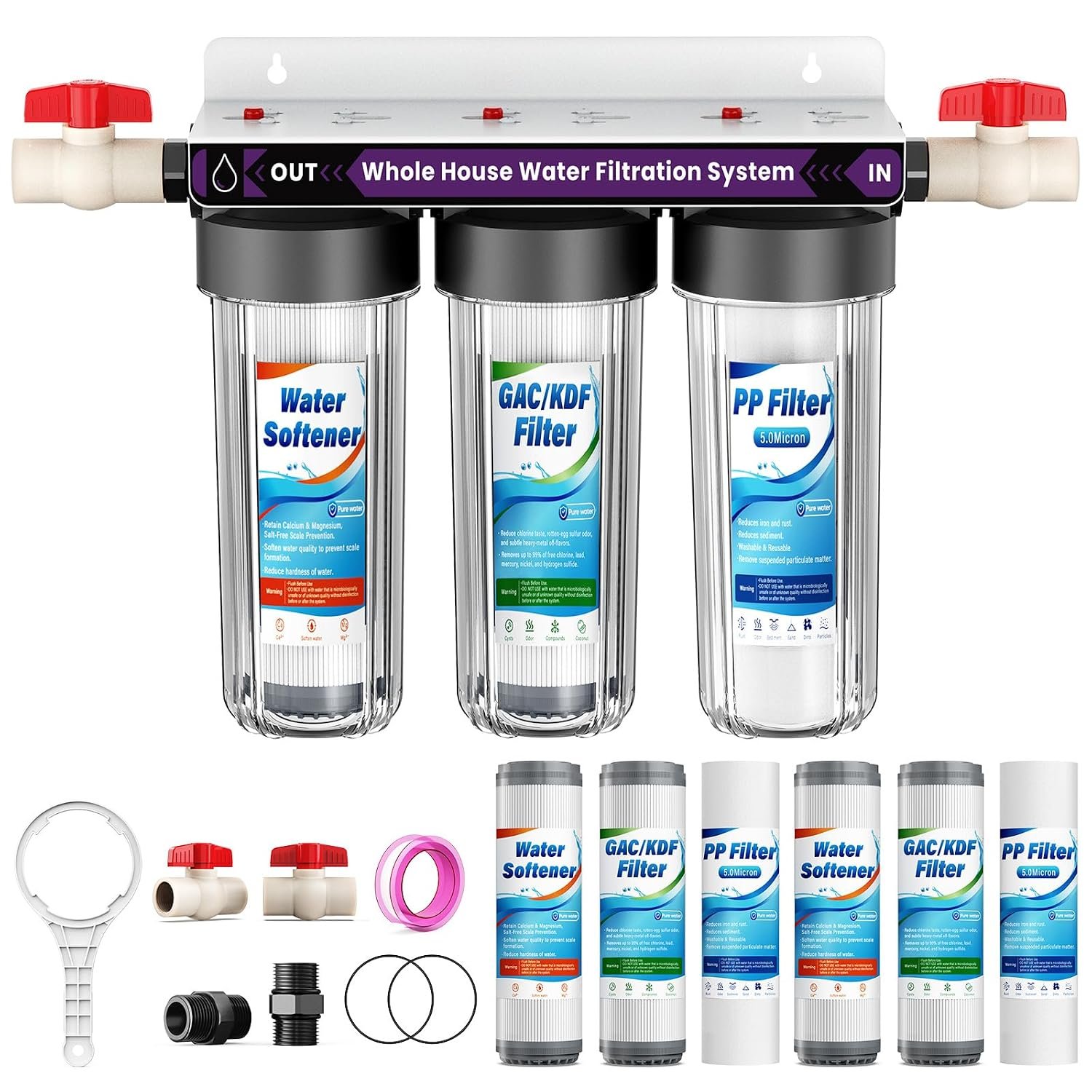 Whole House Water Filter System, 3-Stage Whole Home Water Softener System Highly Reduces Taste,Iron,Scale,Lead,Chlorine, with Heavy Metal and Anti-Scale Filter,3/4″ Ports, Extra 1 Year Filter
