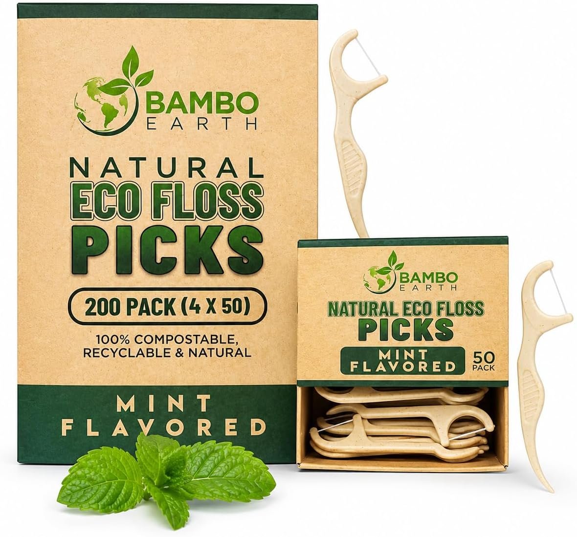 Natural Dental Floss Picks – Eco Friendly Cruelty Free & Vegan Tooth Flossers Pick Set with BPA Free Handle & Zero Waste Packaging – 200 Pack (Mint Flavored)