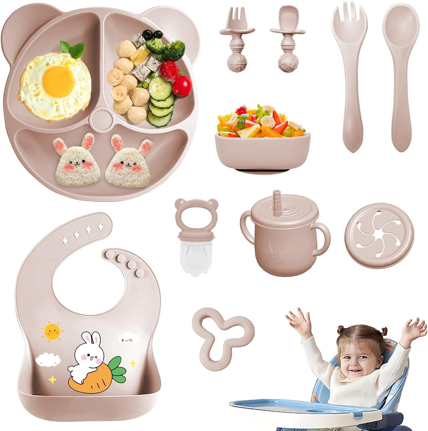 Silicone Baby Feeding Set, 11 Pcs Baby Led Weaning Supplies, Baby Spoons & Forks Suction Bowl Divided Plate Bib Cup, First Stage Solid Food Eating Utensils – 6+ Months (Beige)