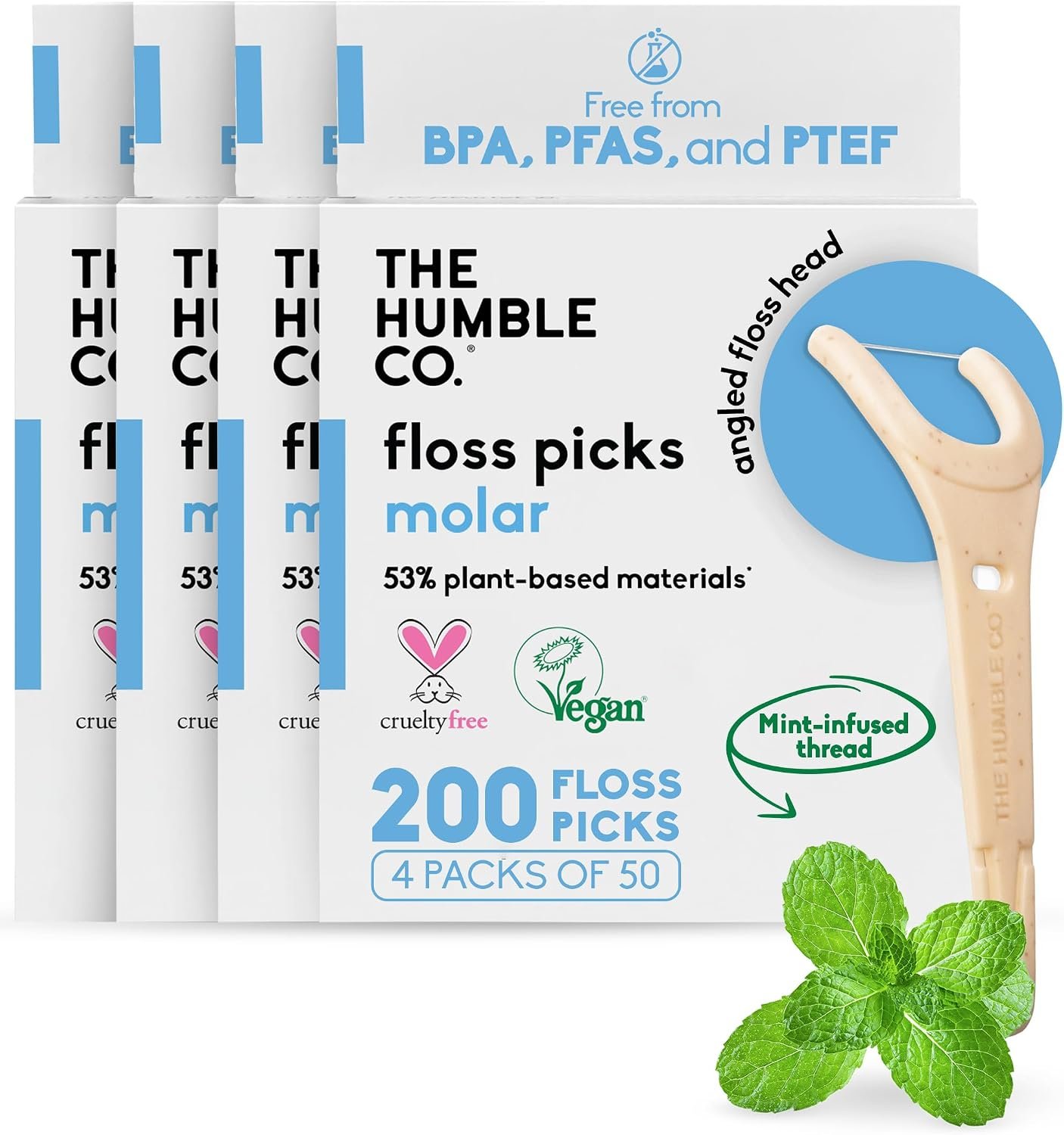 The Humble Co. Dental Floss Picks, Molar Angled Reach, Mint (200 Count) | Tooth Picks Flossers, Gum Health, Dental Oral Care & Hygiene, Gum Health, Interdental Flossers for Adults, Toothpick Floss