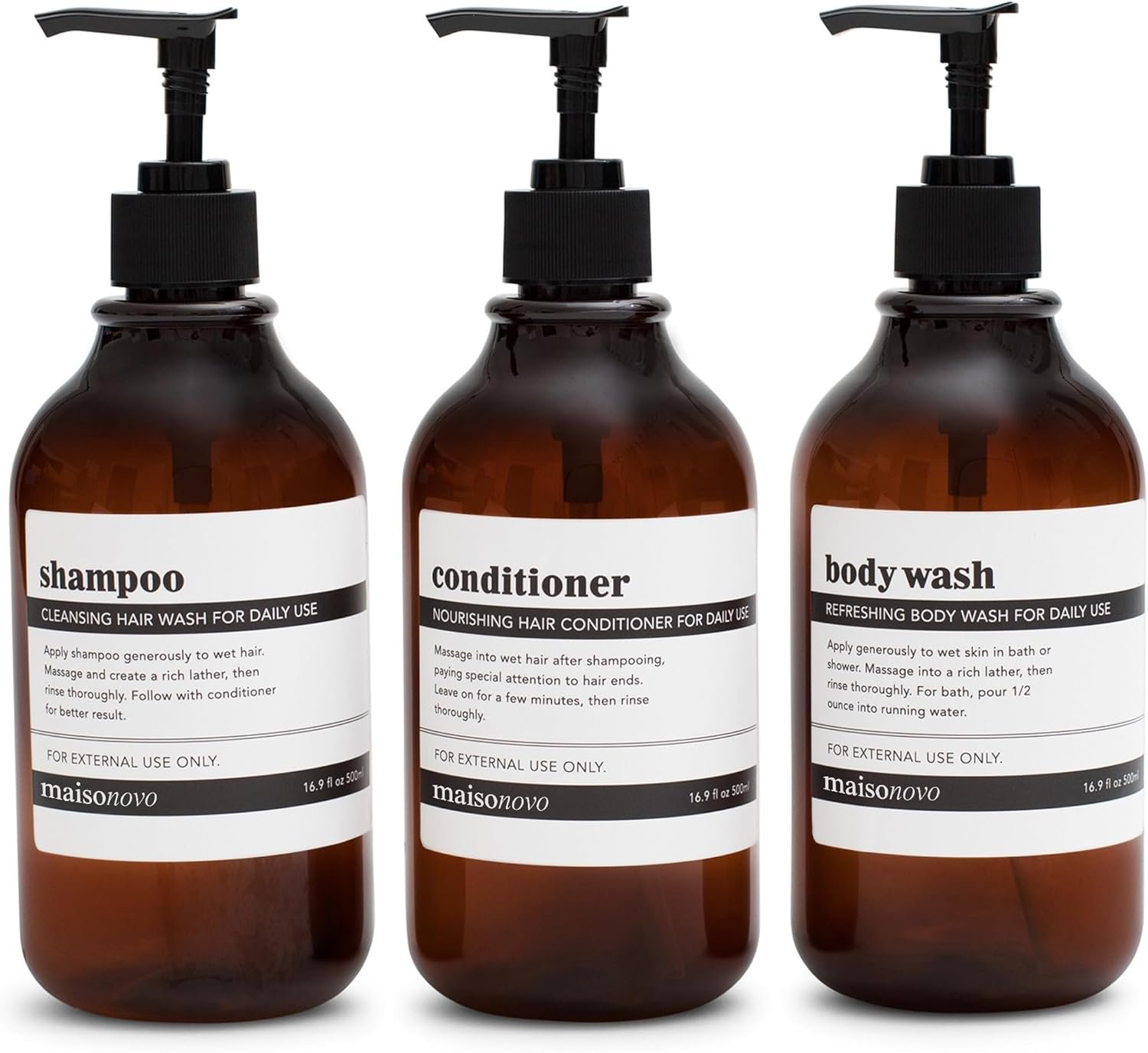 Shampoo and Conditioner Bottles Set of 3 Amber Black – Shower Shampoo Dispenser – Hotel Style Bathroom Upgrade by MaisoNovo