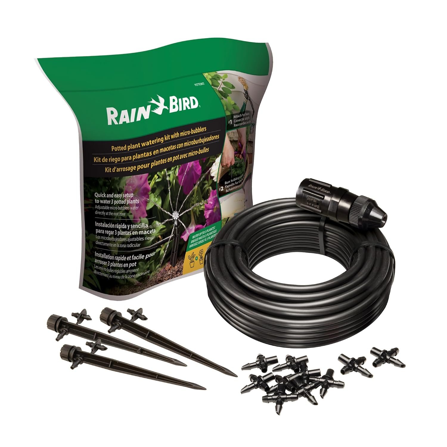Rain Bird POTTEDKIT Drip Irrigation Container/Potted Plant Watering Kit, Connects to Faucet/Garden Hose, 1/4″ Drip Tubing, 360° Micro Bubblers, T-Fittings and Pressure Regulator