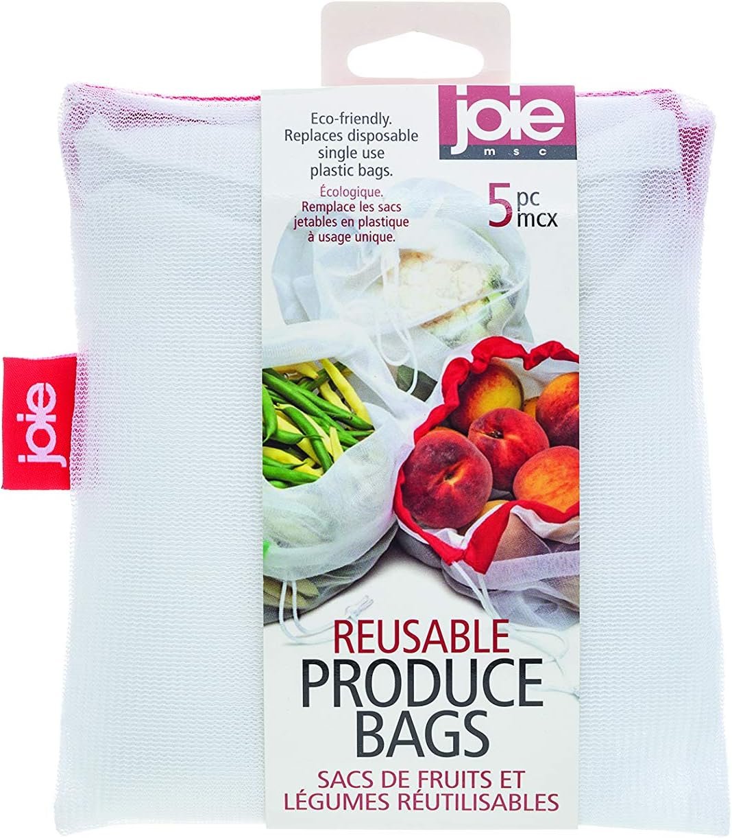 Joie Reusable Produce Bags 5pc Set, Sustainable, Nylon, Mesh, Machine Washable, Eco-Friendly, 5.5 x 6 inches