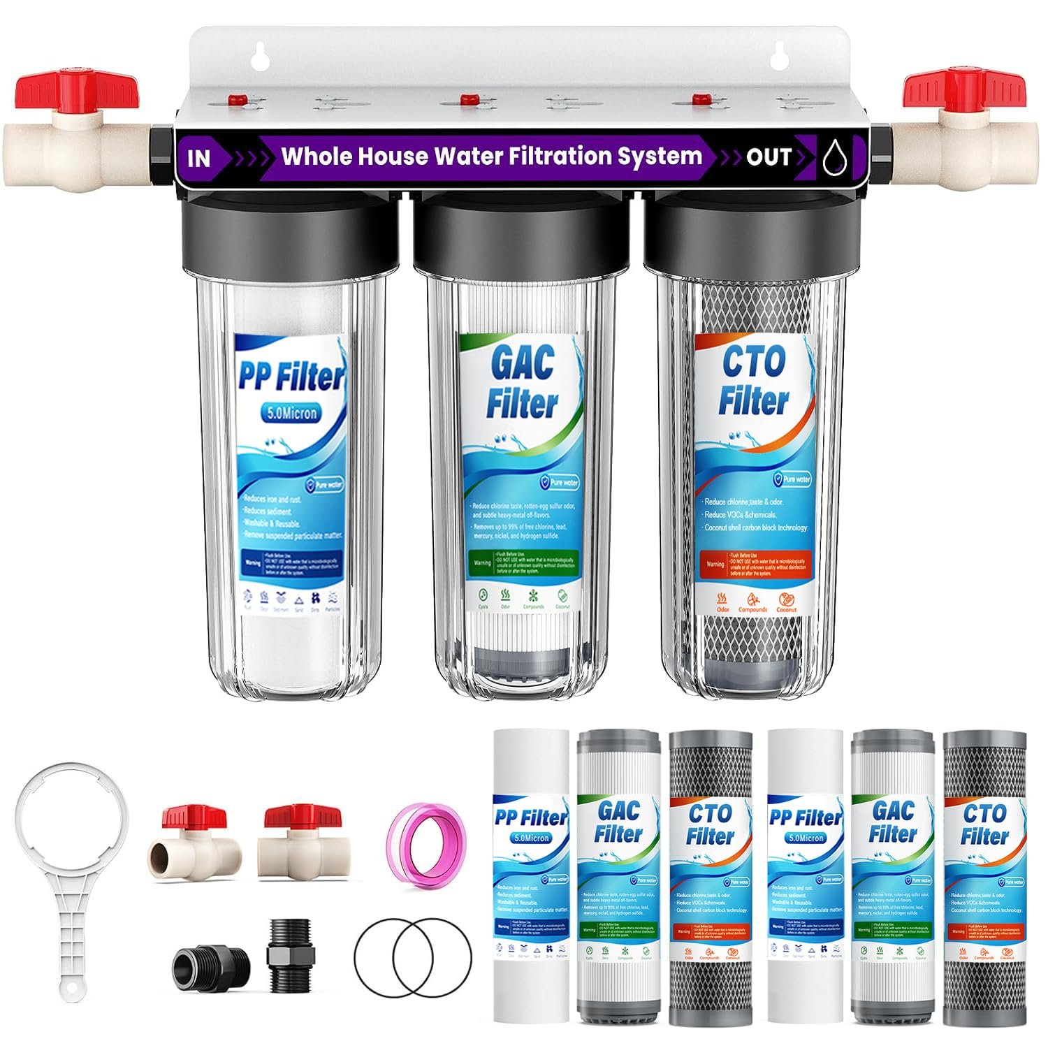 3-Stage Whole House Water Filter System, 0.5 Micron Filtration