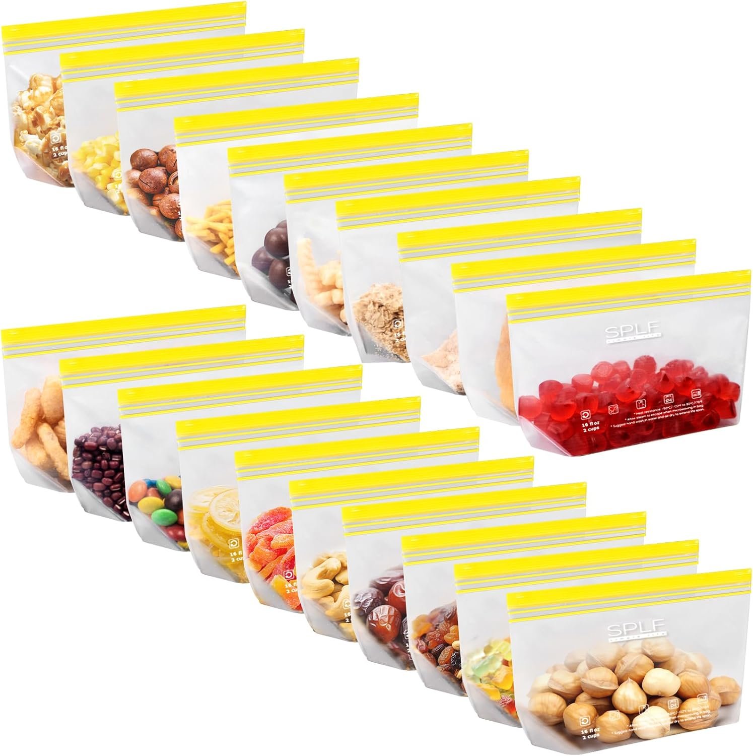 SPLF 20 Pack Reusable Snack Bags Dishwasher Microwave Safe | BPA Free Extra Thick Leakproof Reusable Food Storage Bags Silicone Free Snack Pouch Freezer Bags Fridge Organization