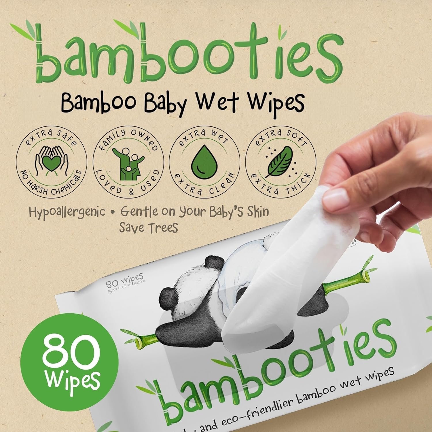Bamboo Baby Wipes Unscented, Plant based Diaper Wipes for Sensitive Skin, Water based Wipes Baby Sensitive Skin 80 count soft pack