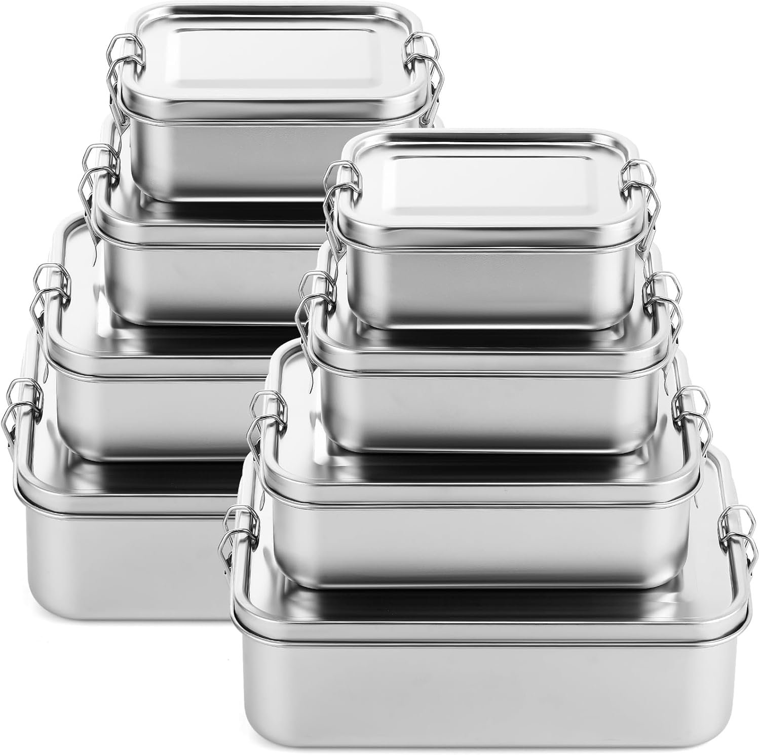 8 Pcs Stainless Steel Food Containers 550/850/1400/2400 ml Metal Bento Lunch Box Stainless Steel Food Storage Containers, Lockable Clips to Leak Proof, Reusable Dishwasher Snack Boxes for Work