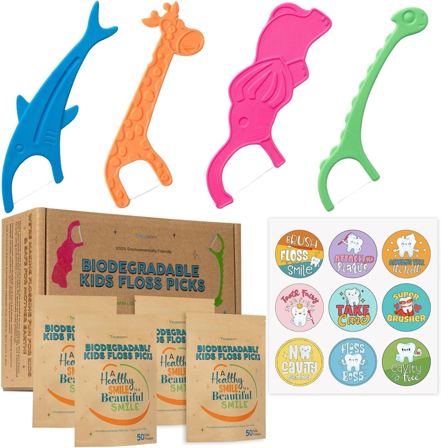 Biodegradable Kids Flossers -200 Pack, Natural Kids Floss Picks, Fluoride Free, Biodegradable Floss Pick, Organic Animal Dental Floss Picks, Dental Floss Sticks – 4 Fun Animal Designs