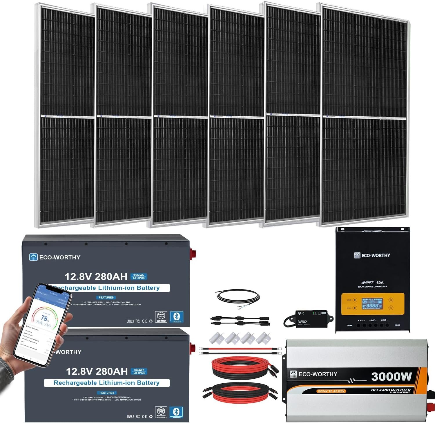 [Ultra] ECO-WORTHY 1200W 24V 5.52KWH Lithium Battery Solar System Off Grid | 6pcs 195W Solar Panels+2Pcs 12.8V 280Ah Lithium Battery+60A MPPT Charge Controller+3000W Pure Sine Wave Inverter