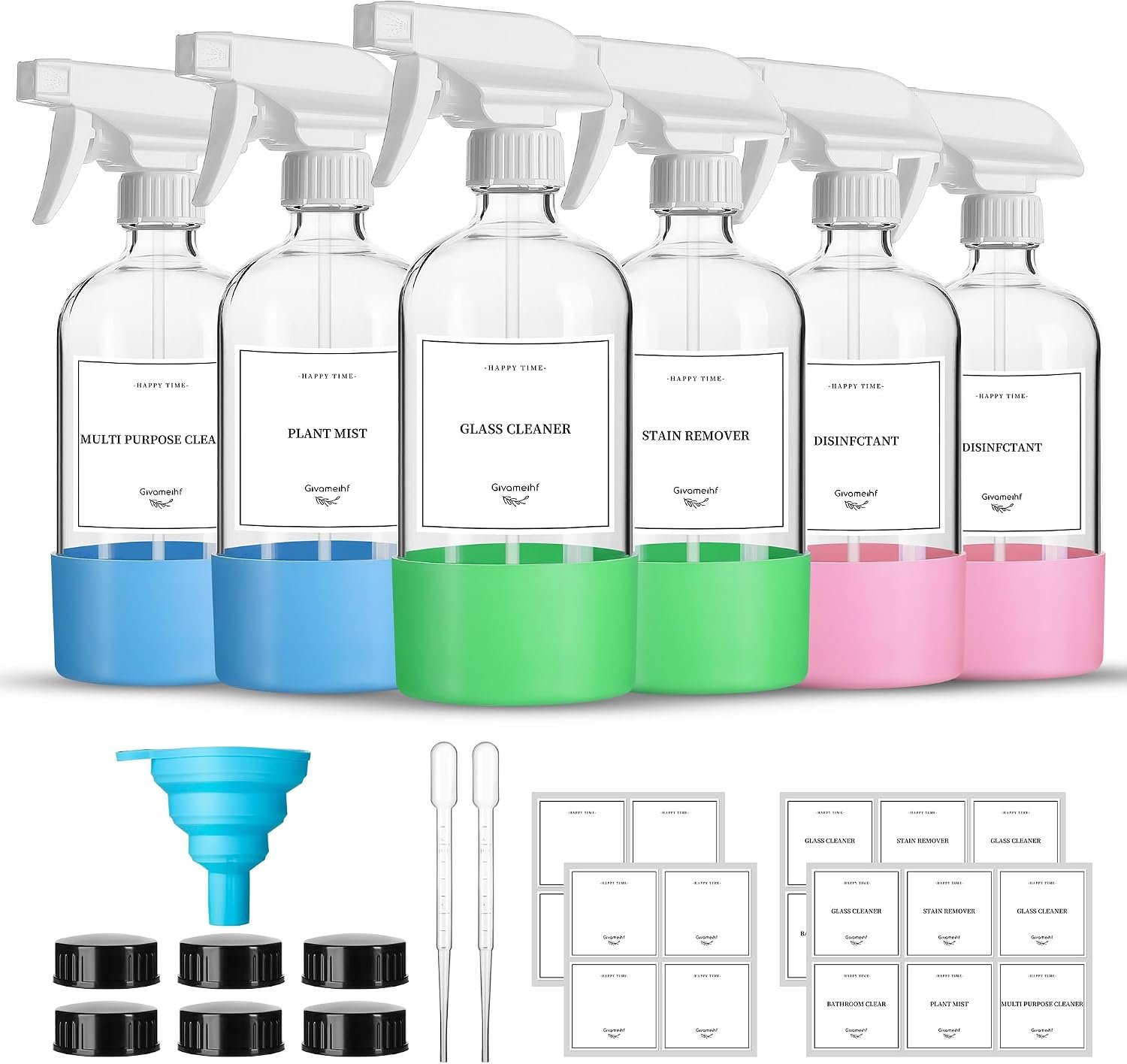 GIVAMEIHF 16oz Clear Glass Spray Bottles,6 Pack Glass Spray Bottles Refillable Empty Bottle with Adjustable Nozzle,Spray Bottle for Essential Oils,Cleaning,Pets,Hair Mister