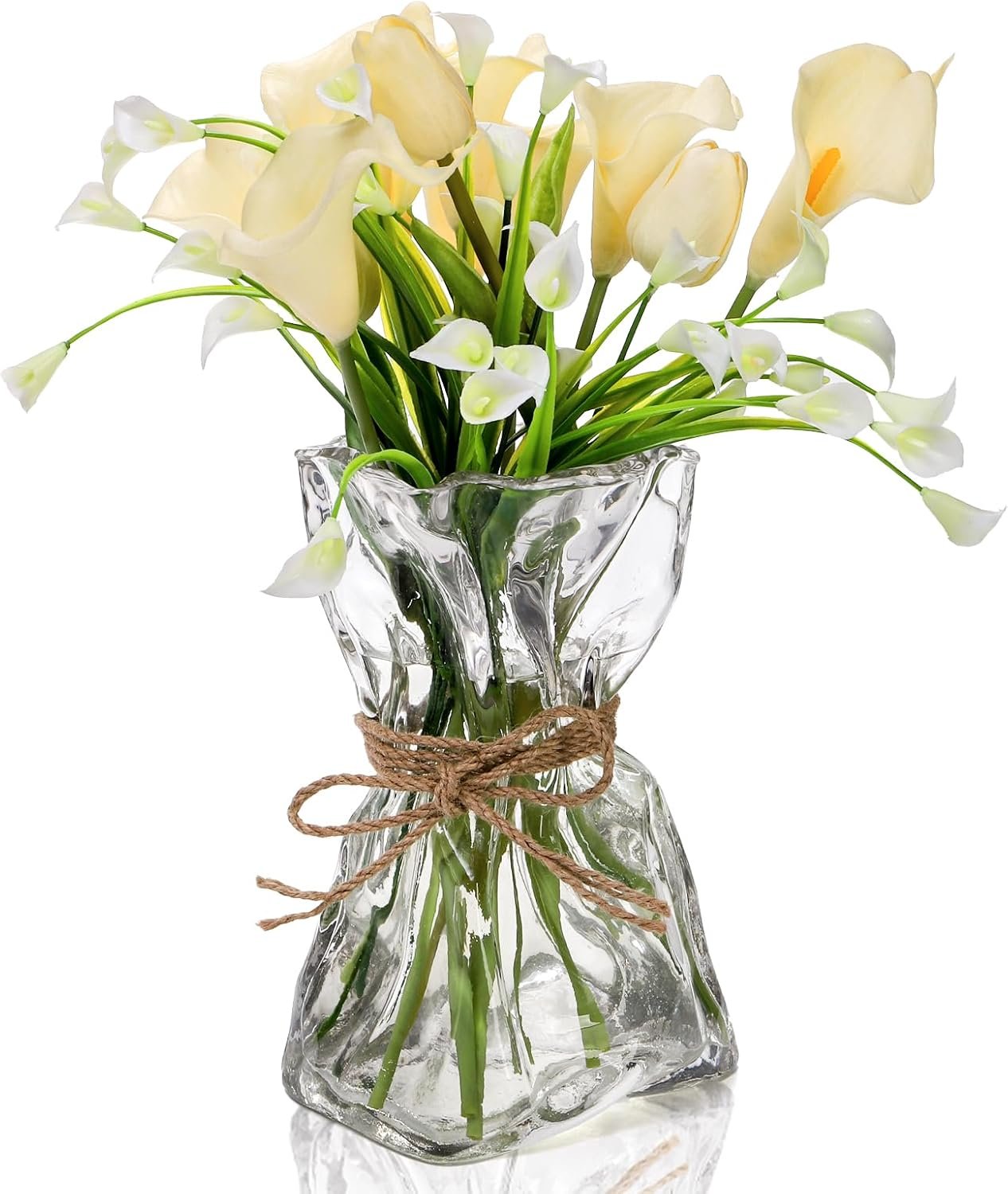 Covzoe Glass Vase, 8.7 Inch Tall Irregular Flower Vase with Hemp Rope | Clear Art Decorative Vases for Table Centerpiece, Modern Bouquet Vases for Home Office Wedding Housewarming Gift