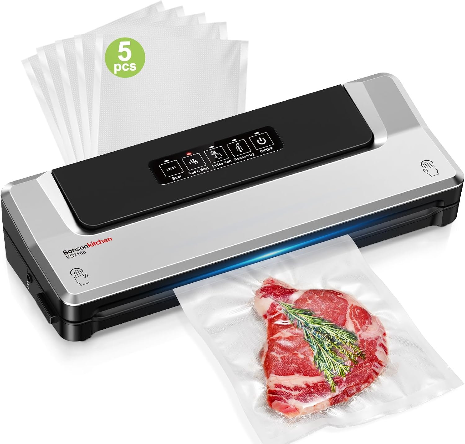 Bonsenkitchen Vacuum Sealer Machine, Multiple Modes For Meal Prep,Silver | Compact Vacuum Sealer for Kitchen Storage & Sous-Vide,External Vacuum System,6x Longer Freshness,5 Vacuum Bags