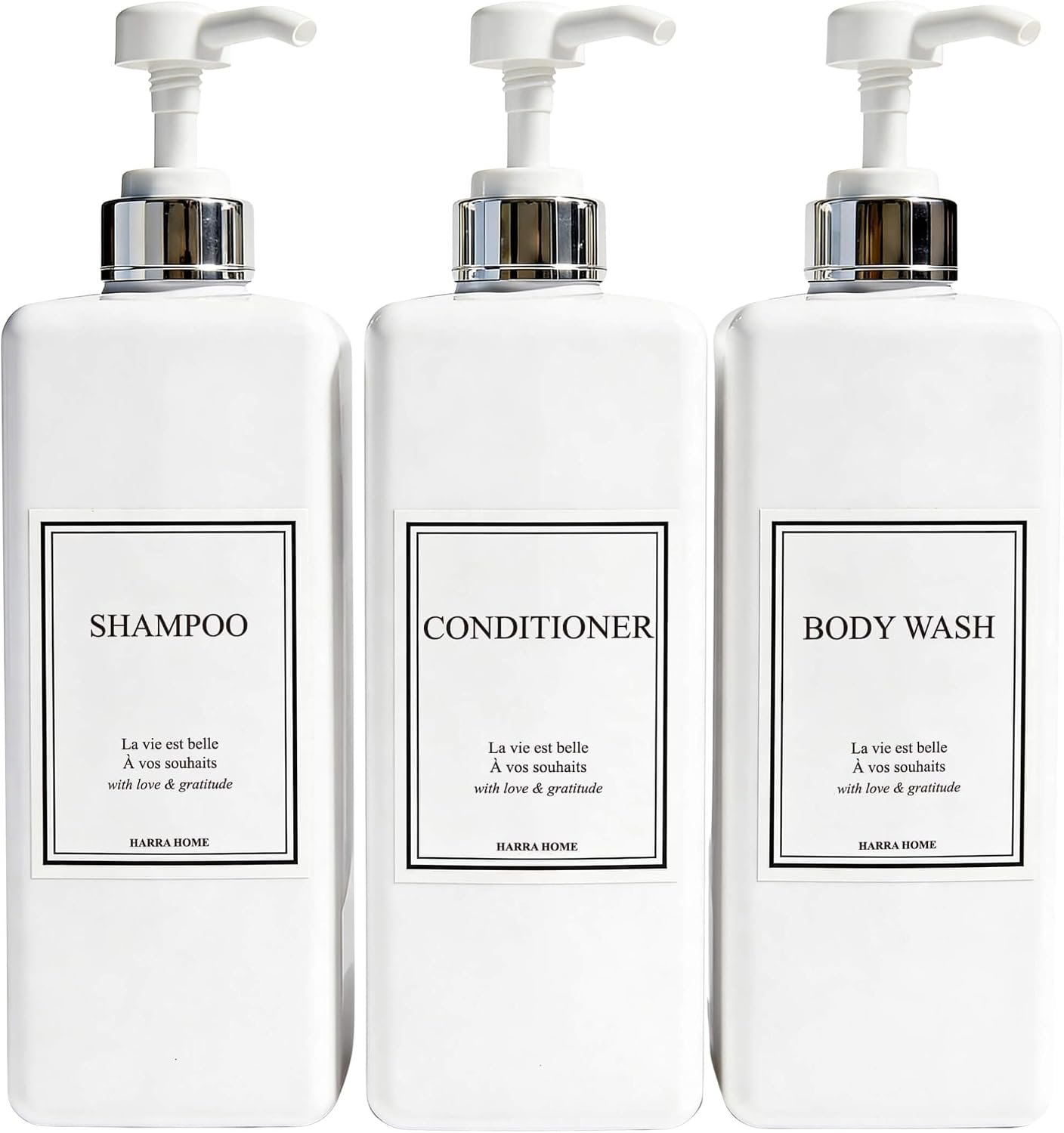 Modern Gold Design Pump Bottle Set 27 oz Refillable Shampoo and Conditioner Dispenser Empty Shower Plastic Bottles with Pump for Bathroom Lotion Body wash, Pack of 3 (White & Silver)