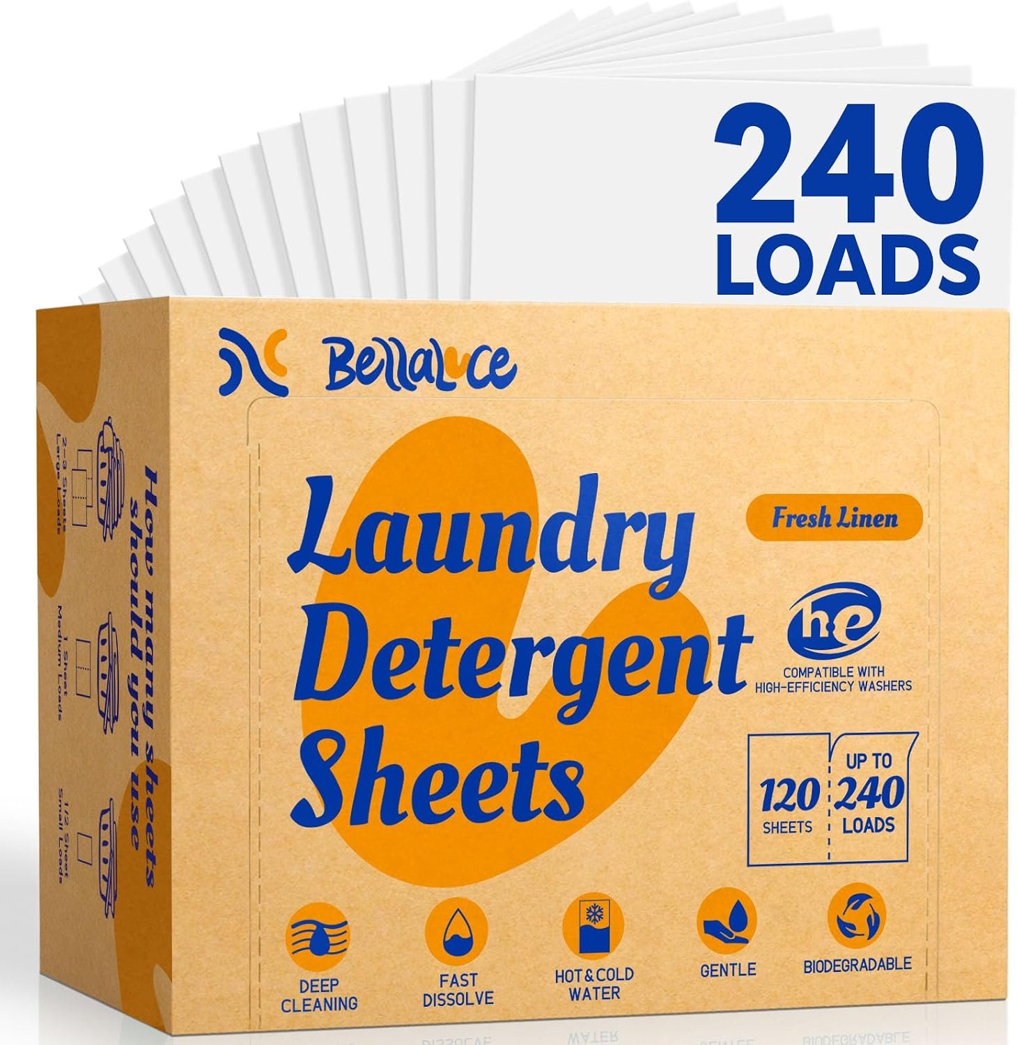 BellaLuce Laundry Detergent Sheets, Fresh Linen Scent, 240 Loads | Plastic-Free Laundry Detergent, Fast-Dissolving, Hypoallergenic Formula Laundry Sheets, Space-Saving for Home, Dorms & Travel