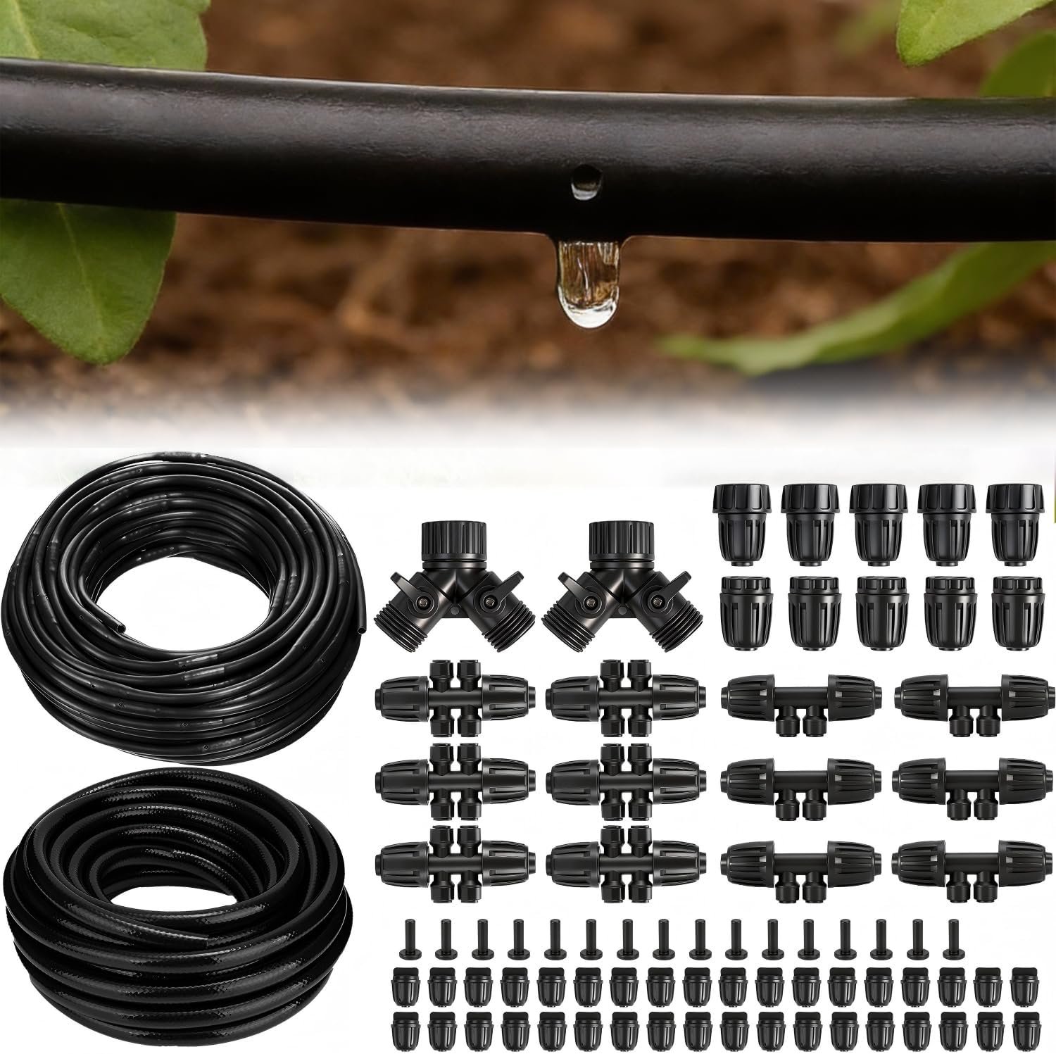 250FT Drip Irrigation Tubing Kit with 1/2 Irrigation tubing, 1/4 inch Dripline, and Irrigation Parts for Garden, Raised Beds, and Greenhouse Watering