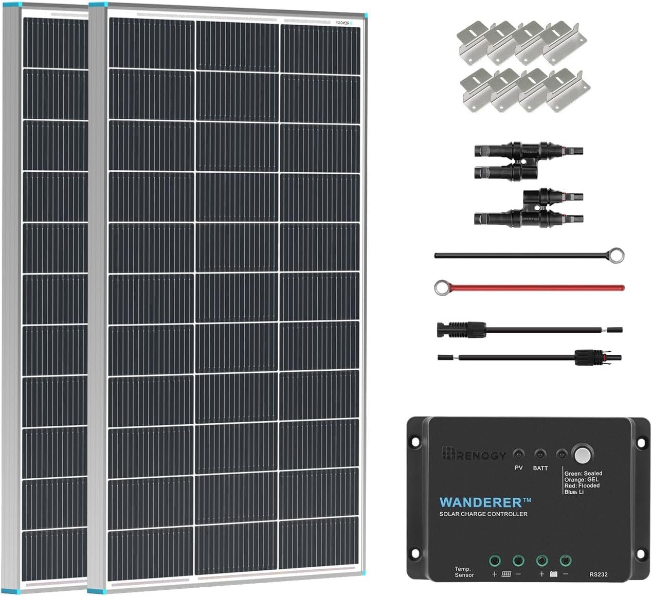 Renogy 200 Watt 12 Volt Monocrystalline Solar Panel Starter Kit with 2 Pcs 100W Solar Panel and 30A PWM Charge Controller for RV, Boats, Trailer, Camper, Marine ,Off-Grid System