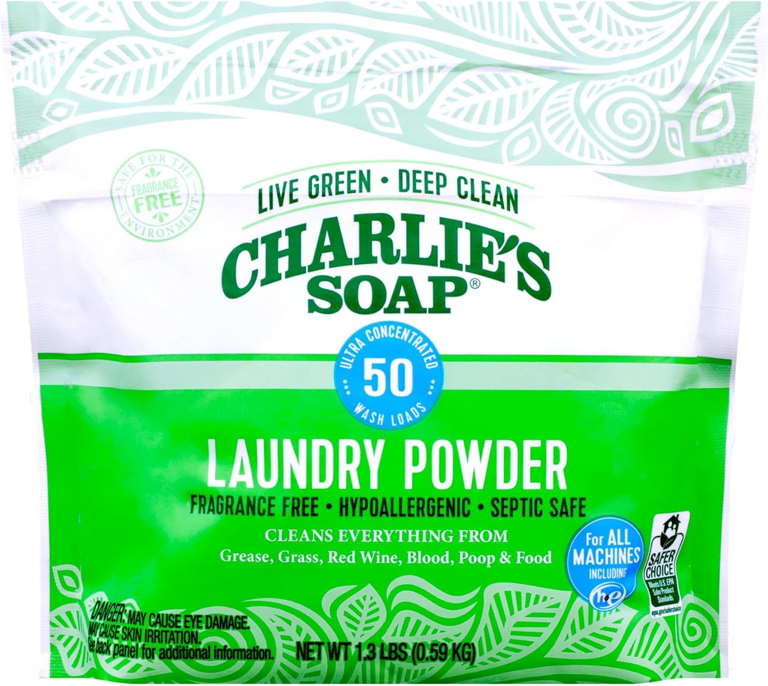 Charlie’s Soap Laundry Powder, 50 Loads, 1 Pack | Hypoallergenic, Deep Cleaning, Washing Powder Detergent, ,Safe and Effective EPA Safer Choice Certified