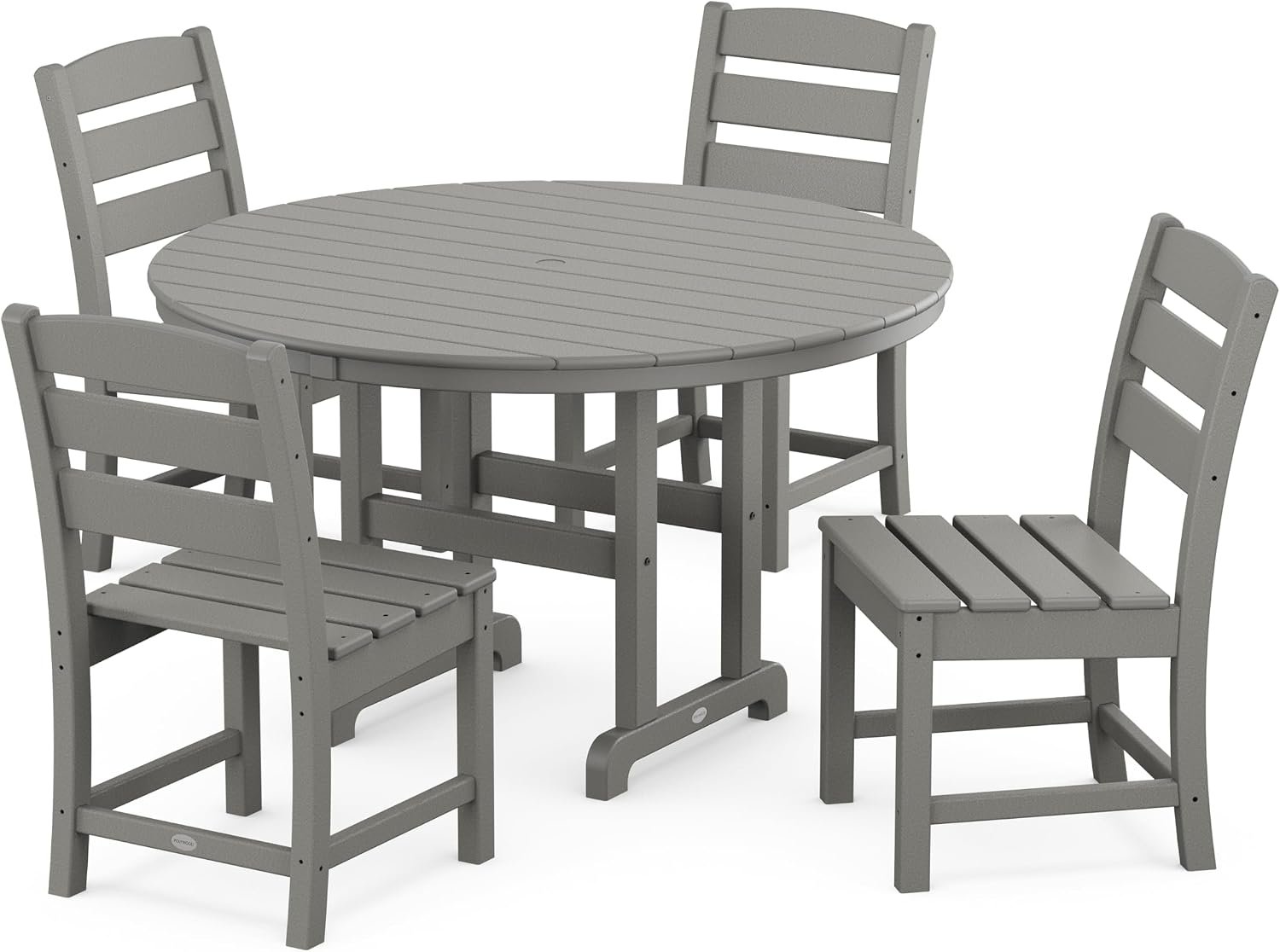 POLYWOOD Lakeside 5-Piece Round Outdoor Dining Set, 48″ Patio Table with 4 Chairs, Slate Grey HDPE Recycled Plastic Bistro Furniture Set