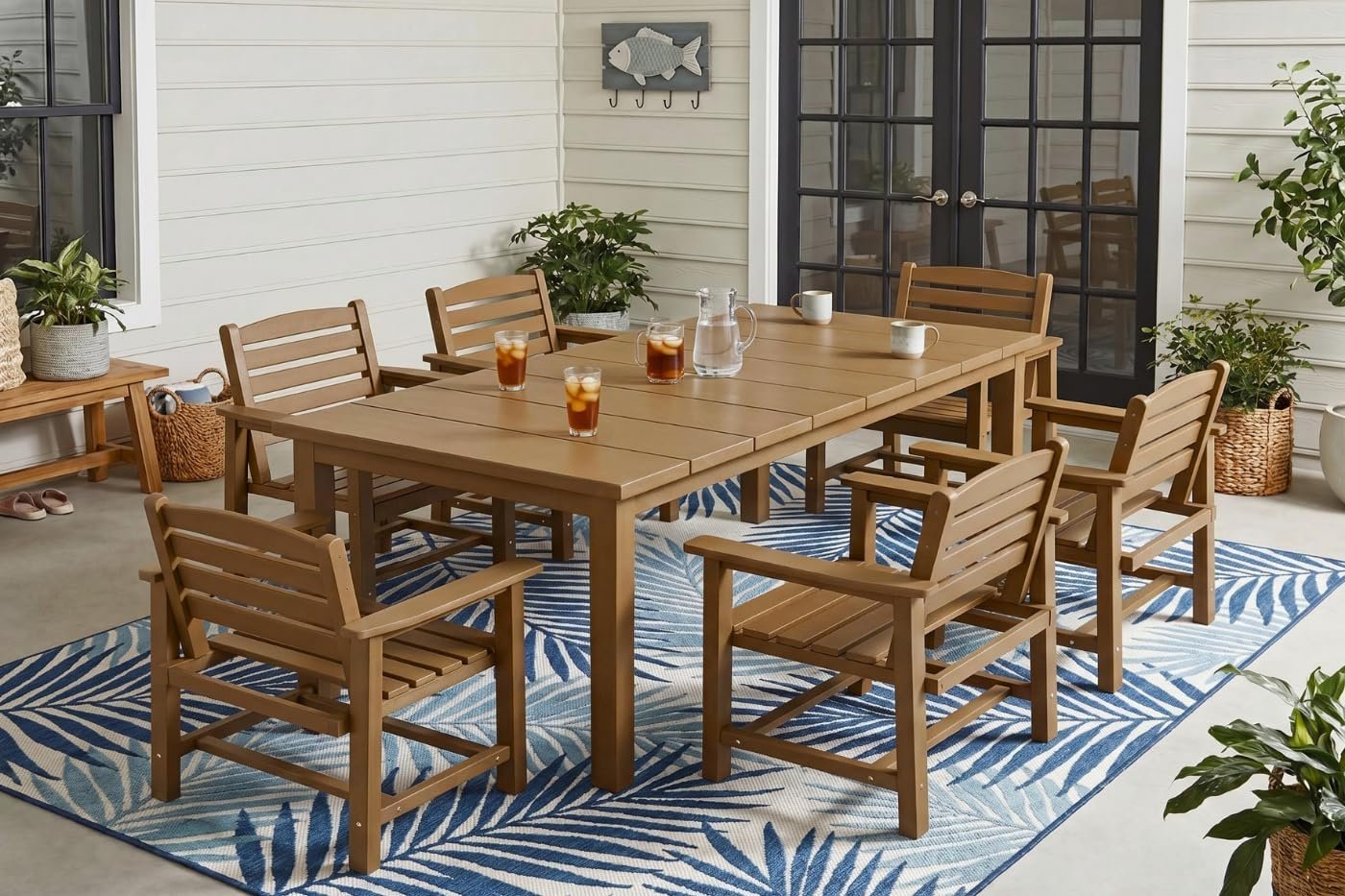 Perli™ 7-Piece Outdoor Dining Set, All-Weather HDPE Patio Furniture with 6 Ergonomic Chairs & Large Table, Built-in Umbrella Hole, UV-Resistant Set for Backyard, Deck, Poolside, Brown