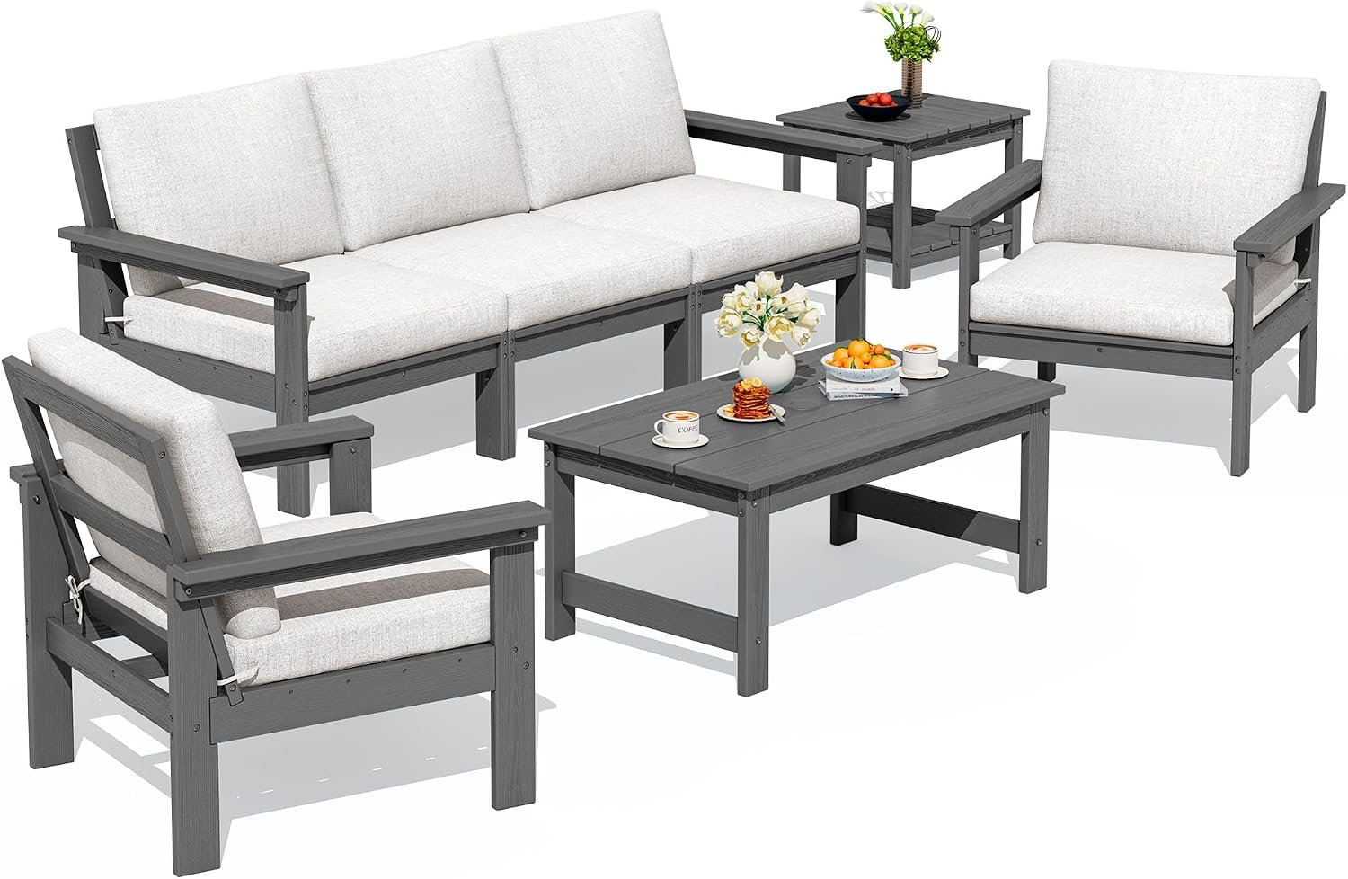 SERWALL HDPE Outdoor Patio Furniture Set Outdoor Couch | All Weather Outdoor Sectional with Coffee Table & Side Table, Gray Frame & Beige Cushions