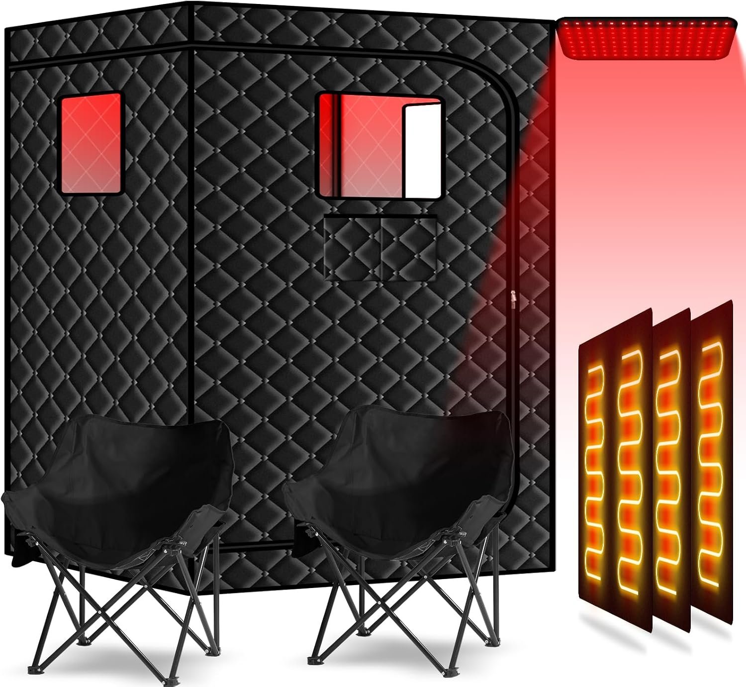 Smartmak Two Person Portable Far Infrared Sauna with 660nm Red Light Therapy Lamp, X-Large Sauna Box, 6 Heaters, Full Size Indoor SPA Room for Home Relaxaion, Remote Control, 2 Big Folding Chairs