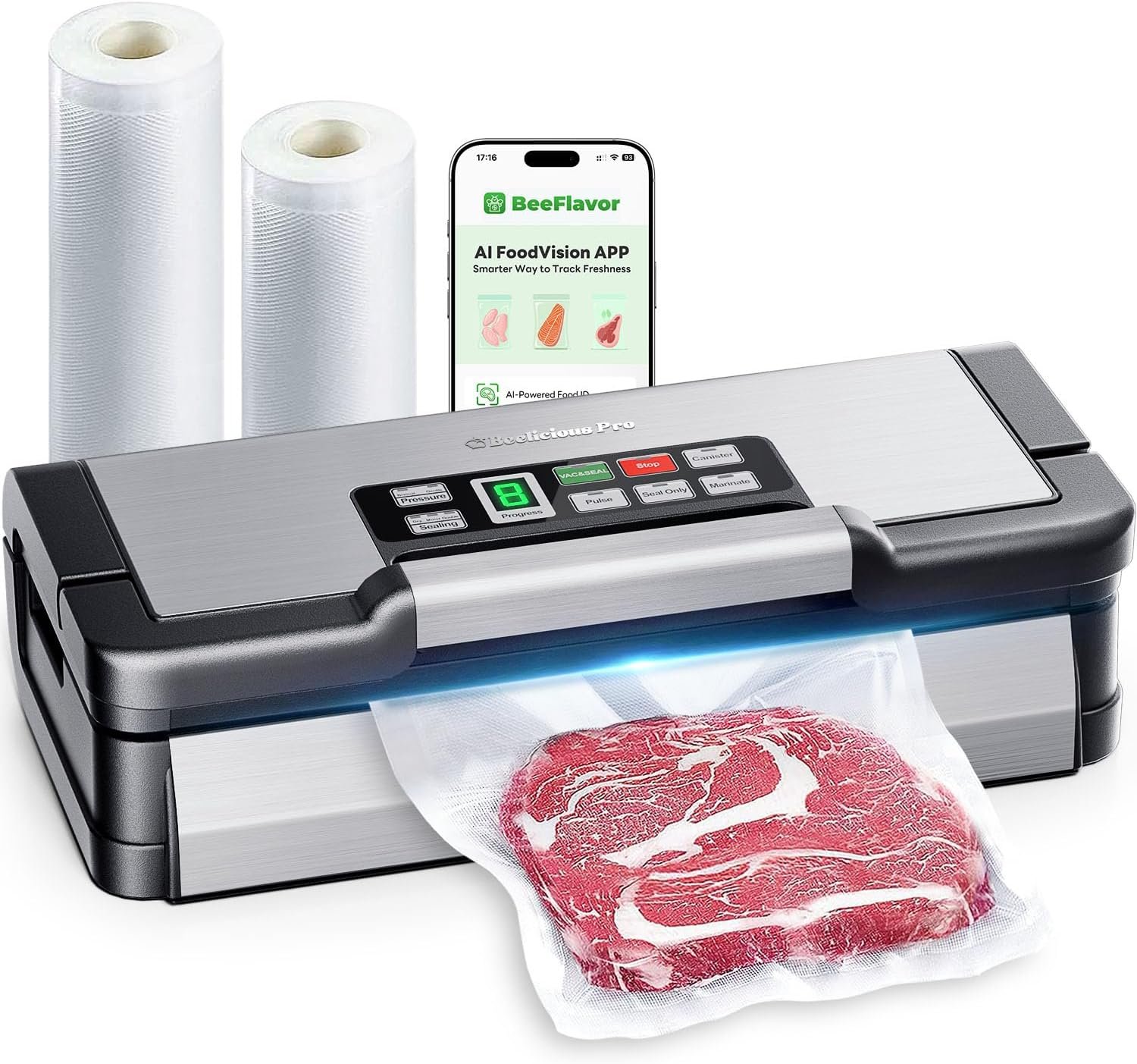 95kPa Vacuum Sealer Machine with AquaLock Technology, Dual-Pump Automatic Food Sealer for Dry & Moist Foods, Double Heat Seal, Built-in Cutter, Bag Storage & Accessory Hose,2 Bag Rolls,Stainless Steel