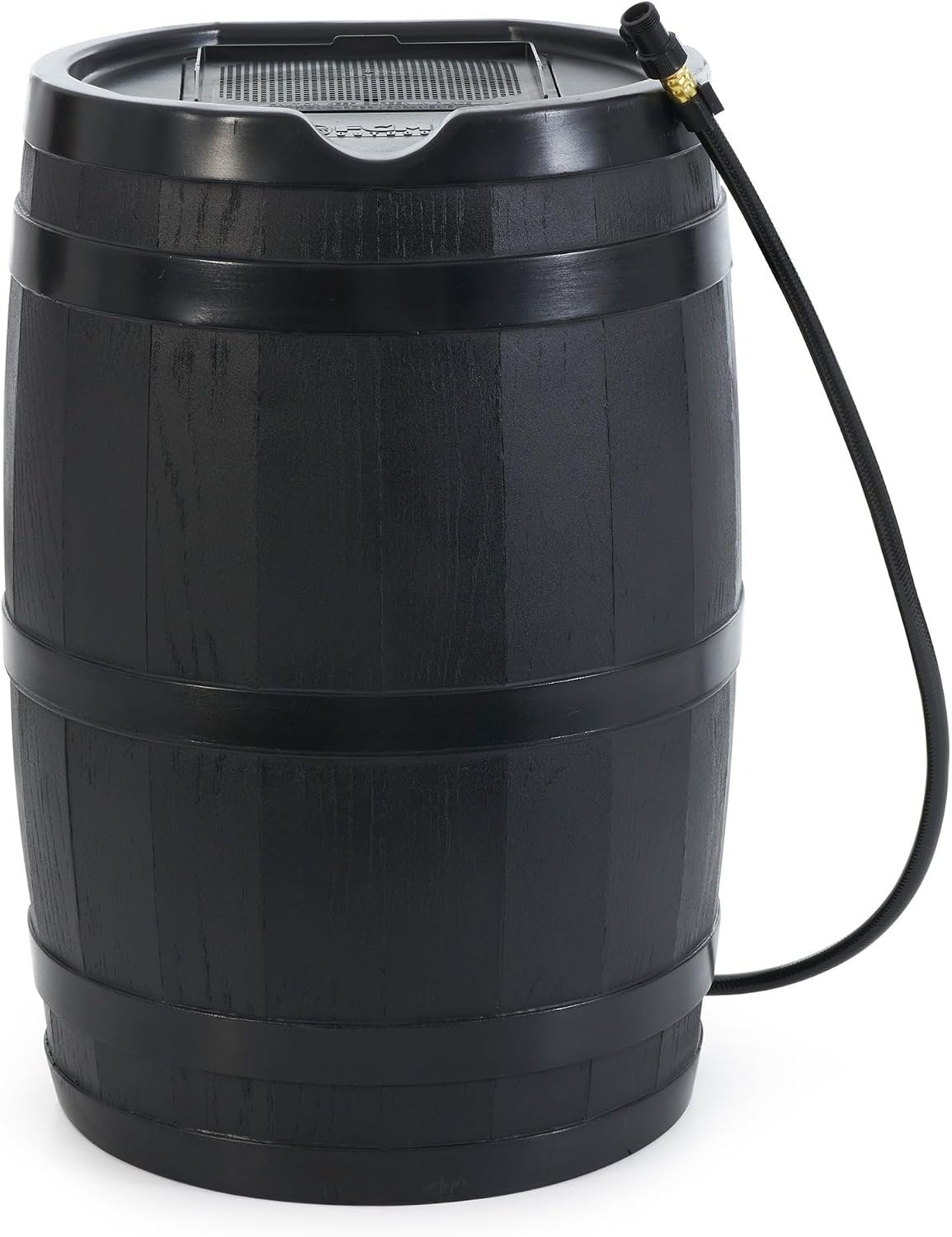 FCMP Outdoor RC45 45-Gallon Rain Barrel, Flat-Back Gutter Downspout Collector, Black – Includes 3.5-ft Hose, Shut-Off Valve & Debris Screen for Garden Rainwater Harvesting | Slim-Line Design Water Storage Container with 3.5 Ft Hose, Shut-Off Valve & Debris Screen for Home, Garden, & Backyard