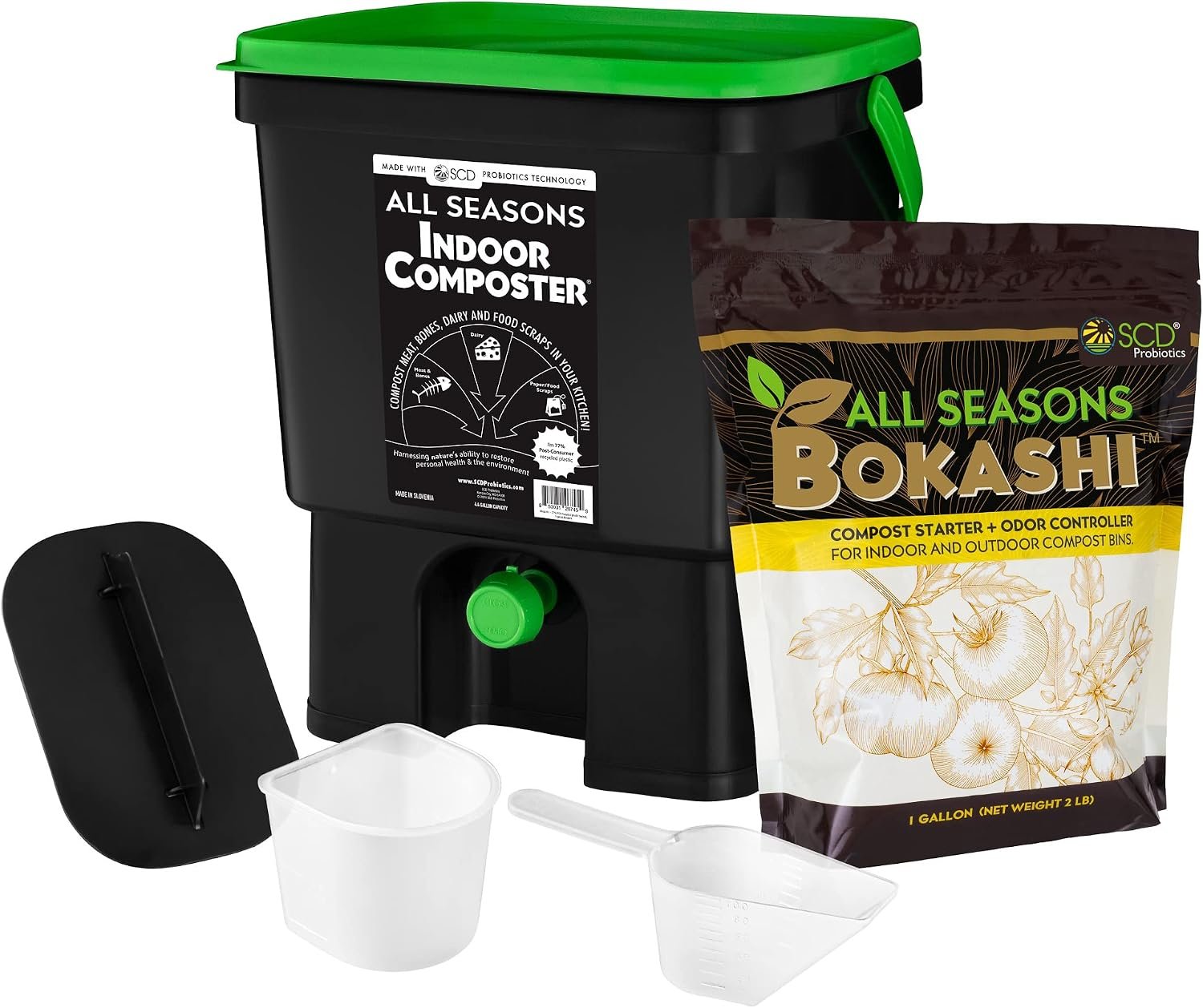 All Seasons Indoor Compost Kit, 4.4 Gal Black Organko Bin Plus 2 lb Bokashi | Compost Meat Bones Dairy, Makes Compost Tea Fertilizer, 77% Recycled Plastic, Includes 2 lb Bokashi Bran – Cup Presser Scoop