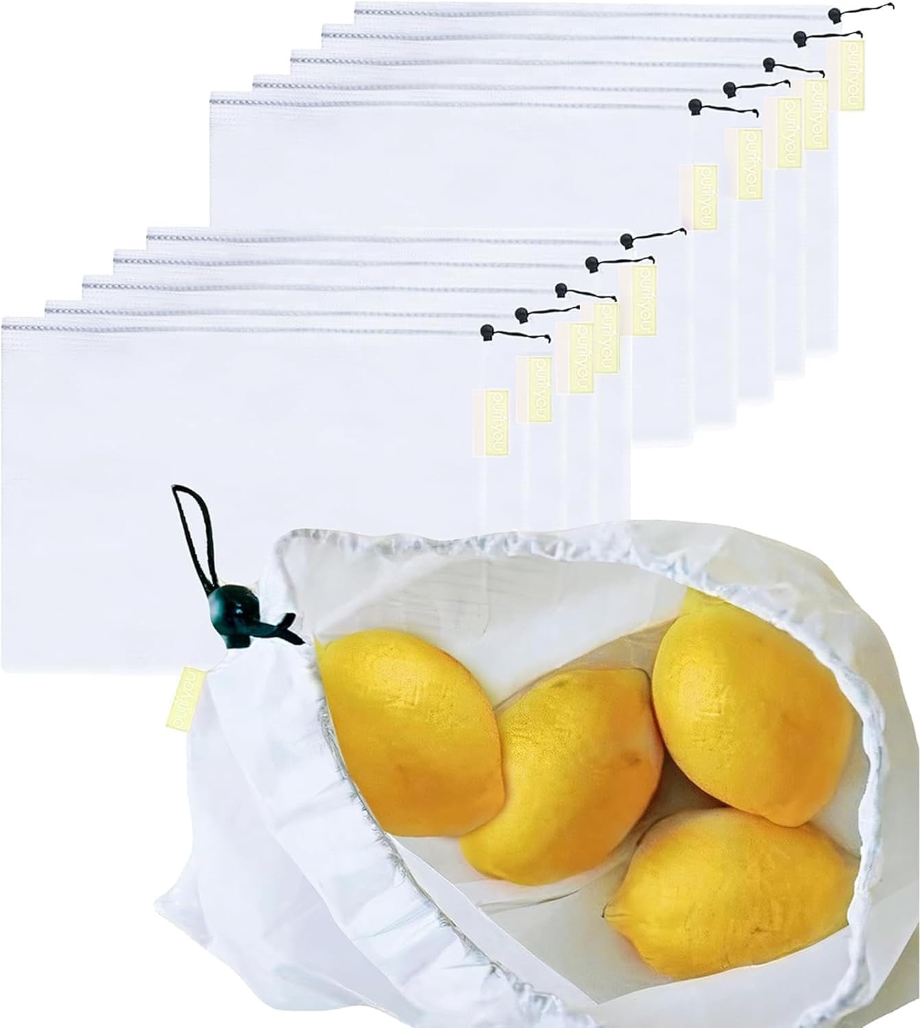 purifyou Set of 10 Reusable Mesh Produce Bags – Heavy Duty, Washable Farmers Market and Storage for Fruits, Vegetables, Groceries, Kitchen, and Home (Small)