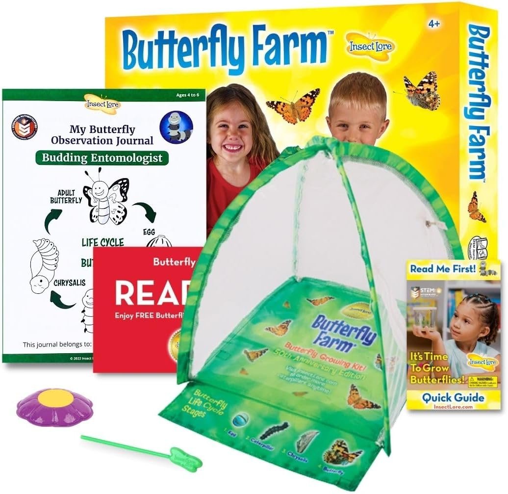Insect Lore Butterfly Farm with Pre-Paid Voucher to Redeem Caterpillars – Ultra-Clear Dome Habitat, STEM Journal, Chrys-A-Lid Holder – Give the Gift of Raising Painted Lady Butterflies
