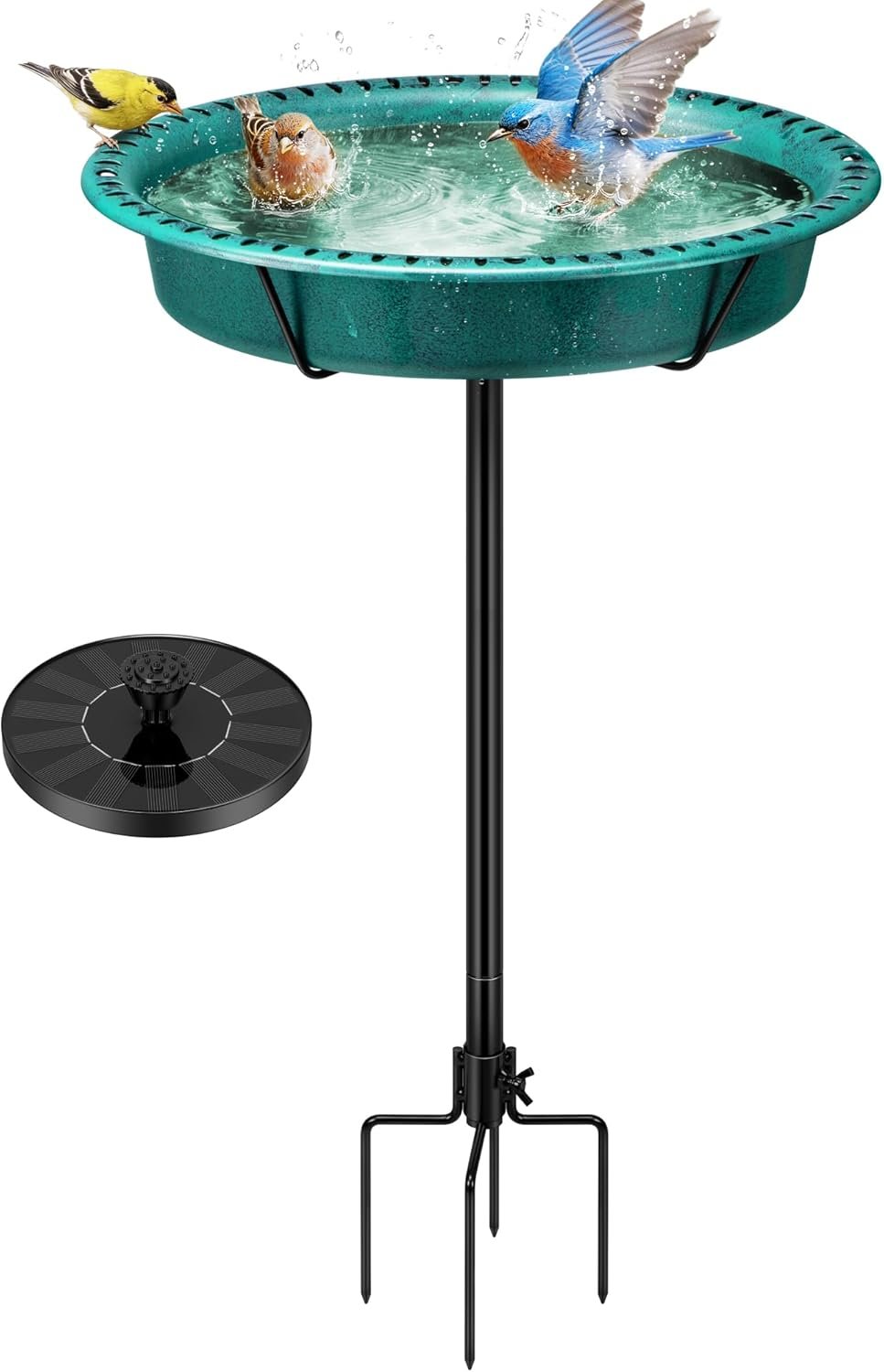 VIVOHOME Oval Bird Bath with Solar Fountain and Metal Ground Stake, Green | Solar-Powered Pump, Weather-Resistant ABS, 1.3-Gallon Capacity, for Outdoor/Garden, Bird-Friendly, Easy to Clean
