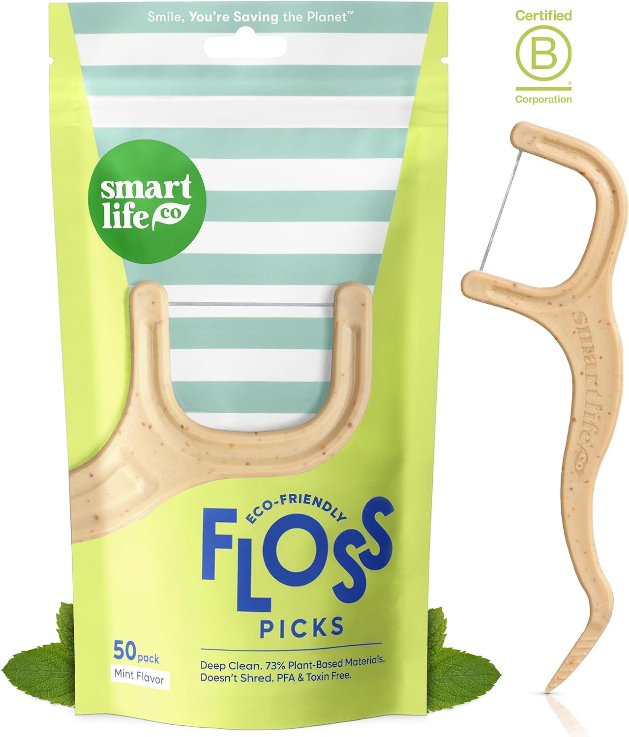 SmartLifeco Eco-Friendly Dental Floss Picks (50ct) – Flossers Made with Straw Wheat, Superior Anti-Shred Thread for Tight Gaps, Tooth Pick Stick for Adults, Soft on Gum & Teeth, Vegan, Mint
