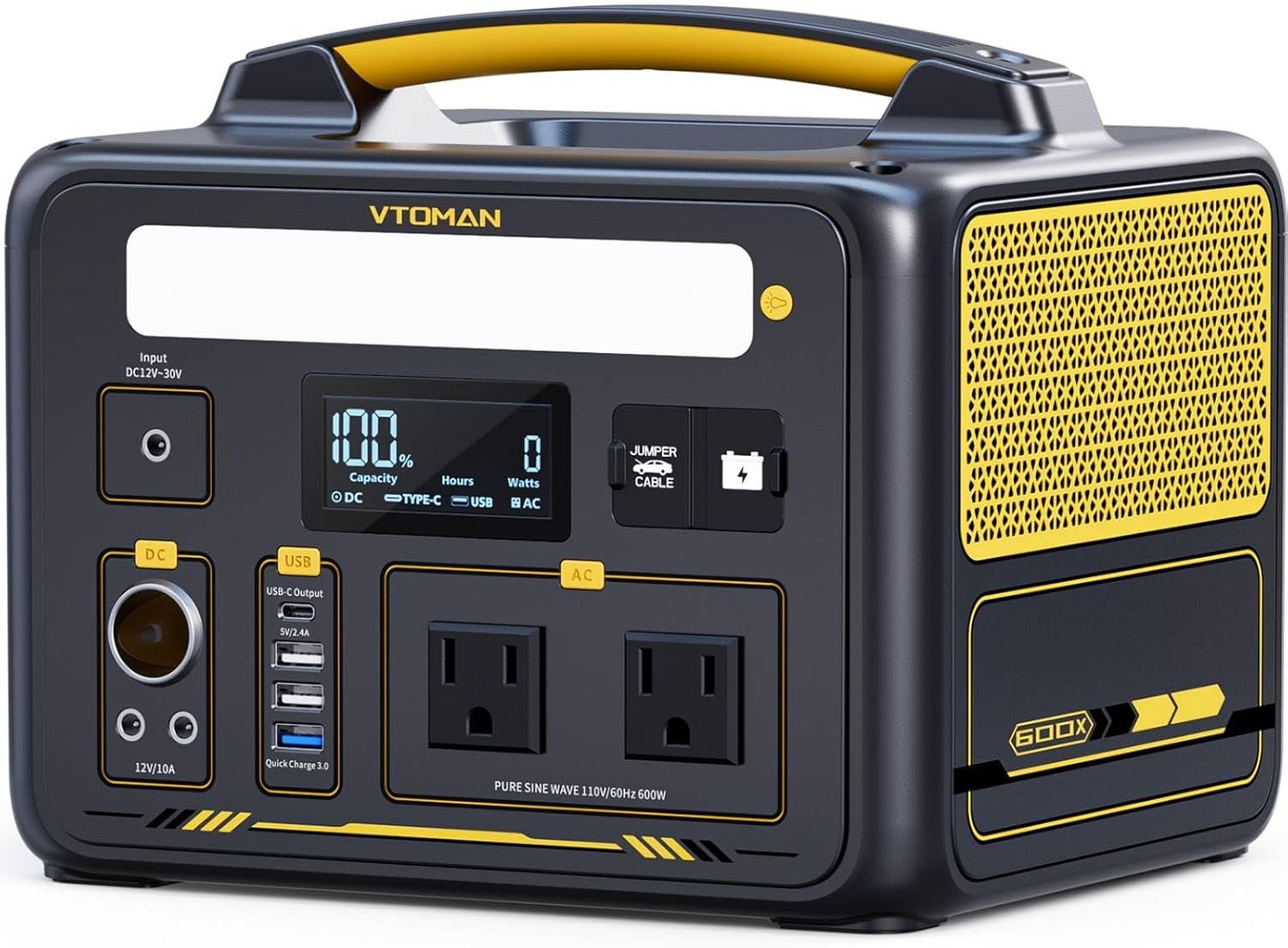 VTOMAN Jump 600X 600W Portable Power Station, 299Wh LiFePO4 Battery | Solar Generator with Car Jump Start, 1200W Surge AC Outlet, PD 60W USB-C, 3x Regulated 12V/10A DC for Camping, RV Travel