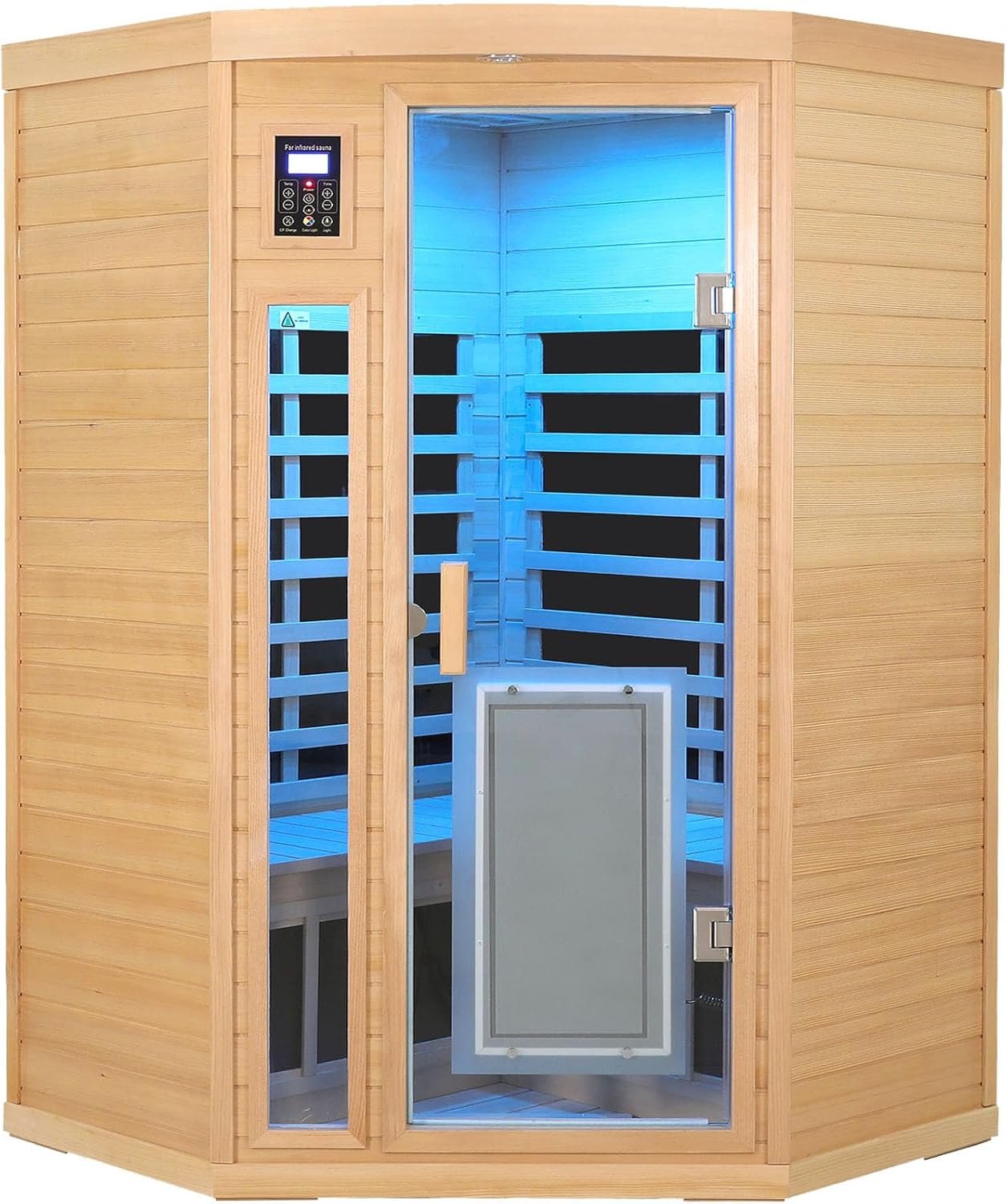 2 Person Infrared Sauna 0-5mG Ultra Low EMF Infrared Sauna Far Infrared Sauna Canadian Hemlock Indoor Corner Sauna with Front Door Heating Panel, Chromotherapy Light
