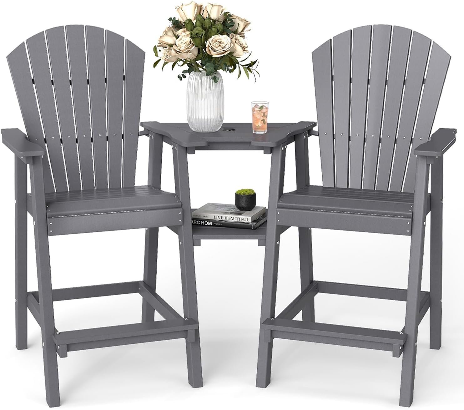 Tall Adirondack Chairs Set of 2 with Double Connecting Trays | All Weather HDPE Bar Height Adirondack Chair Heavy-Duty Adirondack Barstools for Balcony, Deck, Backyard, Patio Grey