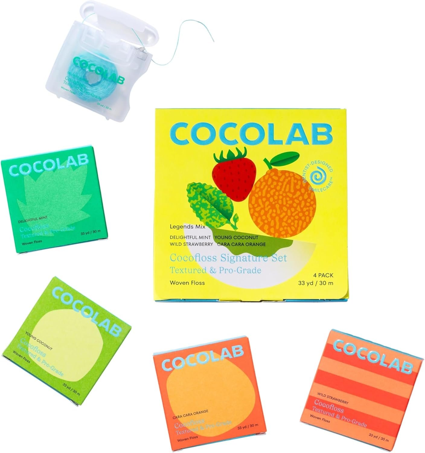 Cocofloss Expanding Woven Dental Floss by COCOLAB, Signature Set, 4-Pack | Dentist-designed, 500+ interwoven fibers, coconut oil infused, cruelty-free & vegan, adults & kids daily oral care