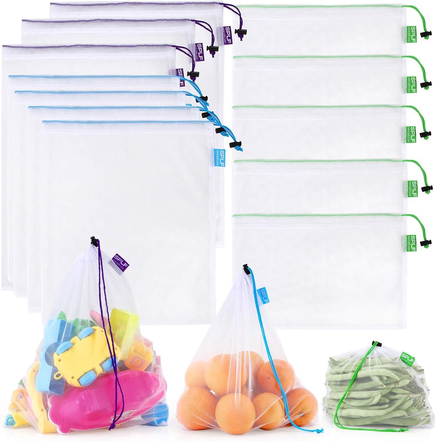 12 Pcs Heavy Duty Reusable Mesh Produce Bags | Barcode Scanable See Through Food Safe Mesh Bags with Drawstring for Fruits, Vegetable, Food, Toys, Grocery Storage