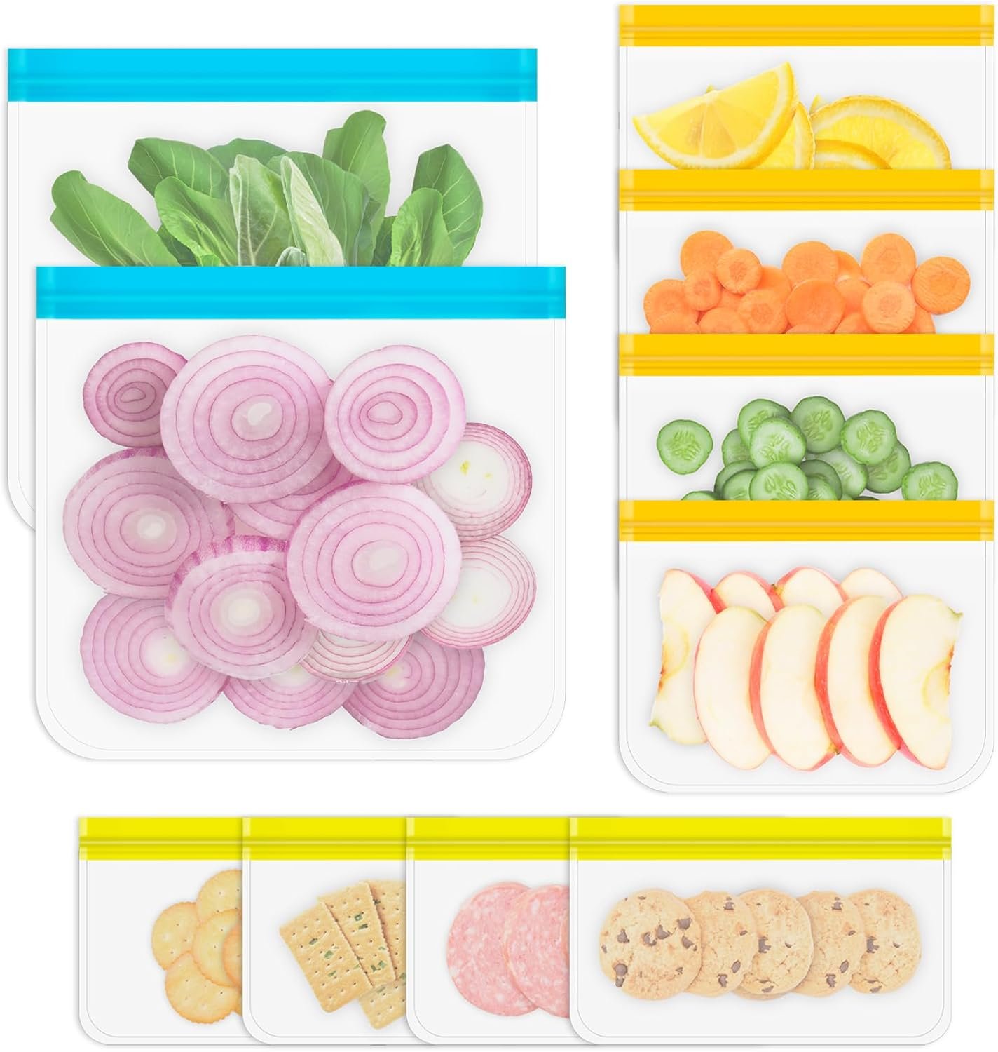10 Pack Reusable Gallon Freezer Bags, Multicolor | Dishwasher Safe Silicone Food Snack Storage Bags with 3 Sizes for Snack, Sandwich, Lunch