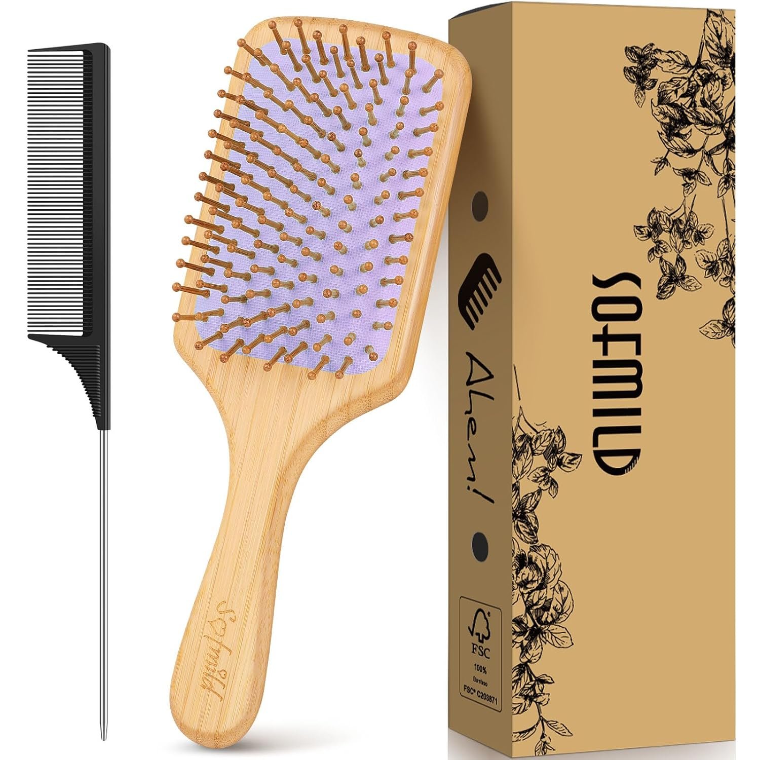 Sofmild Bamboo Hair Brush with Tail Comb, Purple Cushion Paddle Brush | Natural Wooden Hairbrush for Women Men Kids, 2 in 1 Comb Brush for Thick Curly Long Hair,Detangler Brush for Hair Growth
