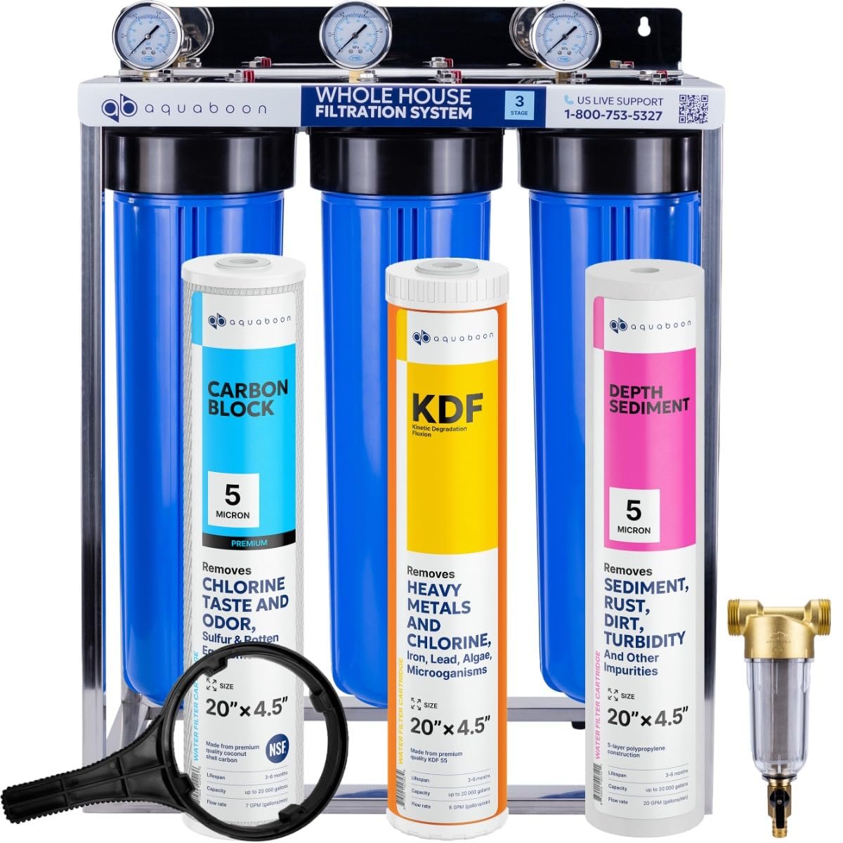 Aquaboon 3-Stage Whole House Water Filter System with 5 Micron 20×4.5 Reducing Sediment and KDF Heavy Metals Water Filter Purification Cartrige, Pressure Gauges, Wrench, Bracket
