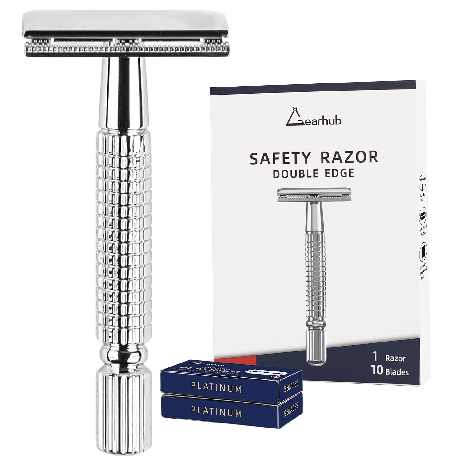 Gearhub Double Edge Safety Razor Reusable Stainless Metal Wet Shaving Razor with 10 Swedish Platinum Blades for Men Women Barber Bikini Armpit Hair, Silver GR131