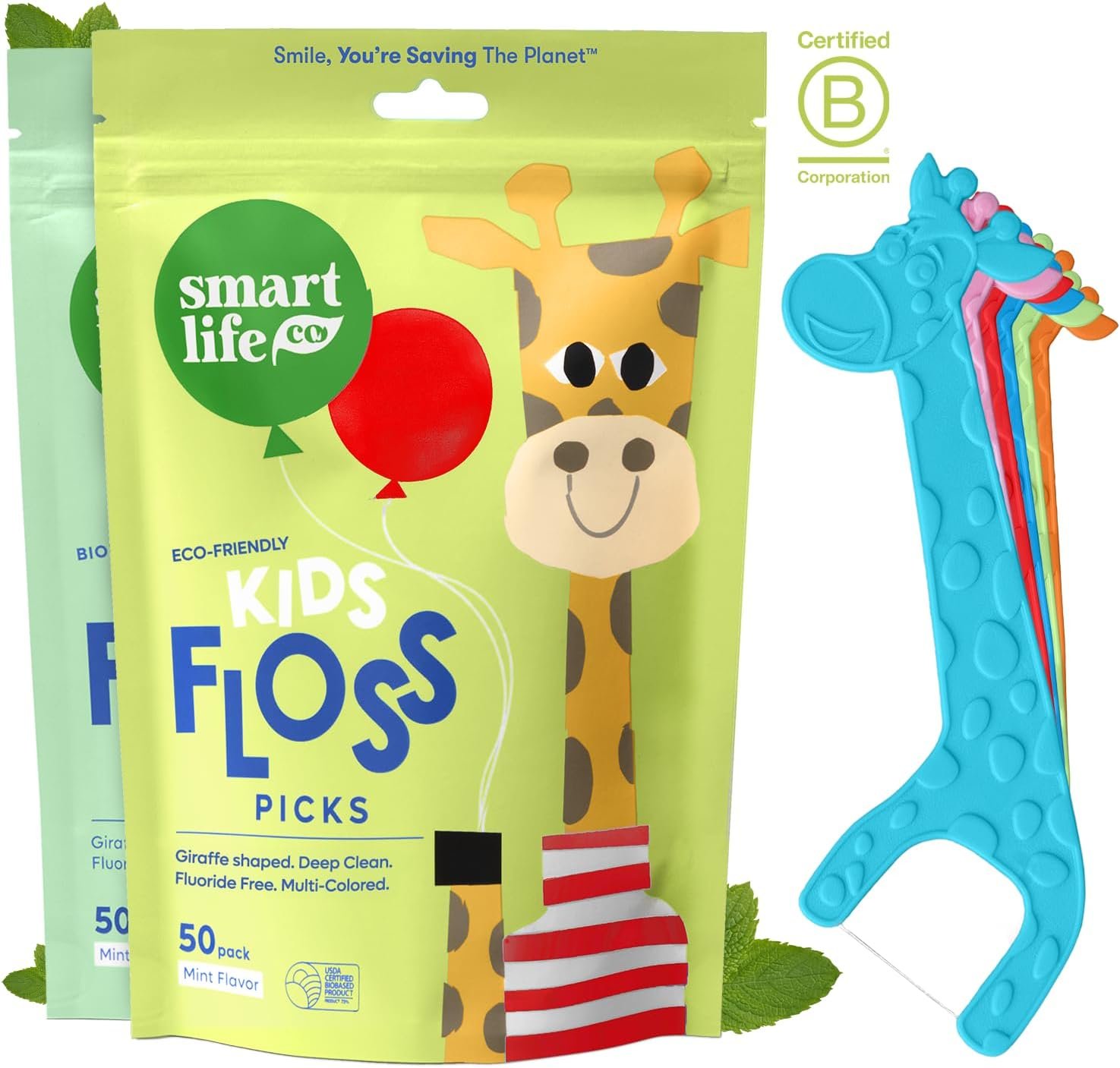 SmartLifeco Eco-Friendly Kids Flossers (100ct) – The Original Straw Wheat Dental Floss Picks for Children, Fluoride & PFA Free, Toothpick Flossing Sticks for Toddlers Teeth, No Shred Thread, Mint