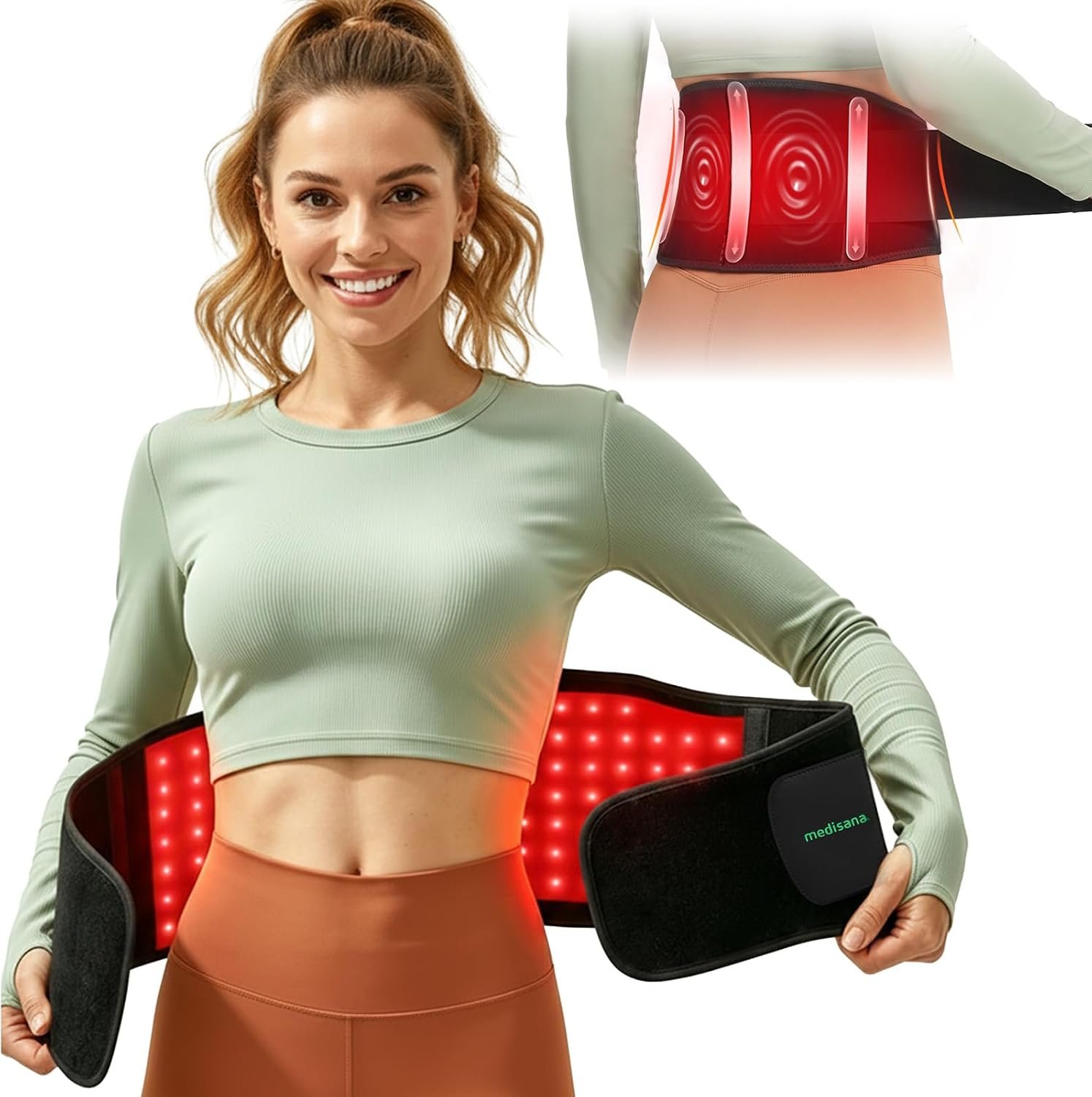 Medisana Red Light Therapy for Body, Upgraded 3-in-1 Cordless Red Light Therapy Belt with 3-Mode Red Light, Vibration & Heating, Adjustable Fit 660nm/850nm Infrared Red Light Therapy for Back Pain