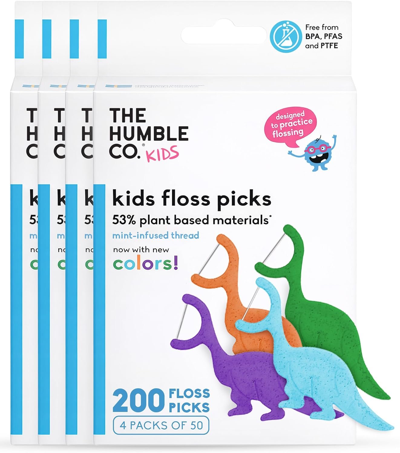 The Humble Co. Dental Floss Picks for Kids, Dinosaur Shaped (200 Count) | Easy to Hold, Plant-Based, Cruelty-Free, Superior Dental Care, Oral Hygiene & Gum Health for Kids, BPA Free, Mint